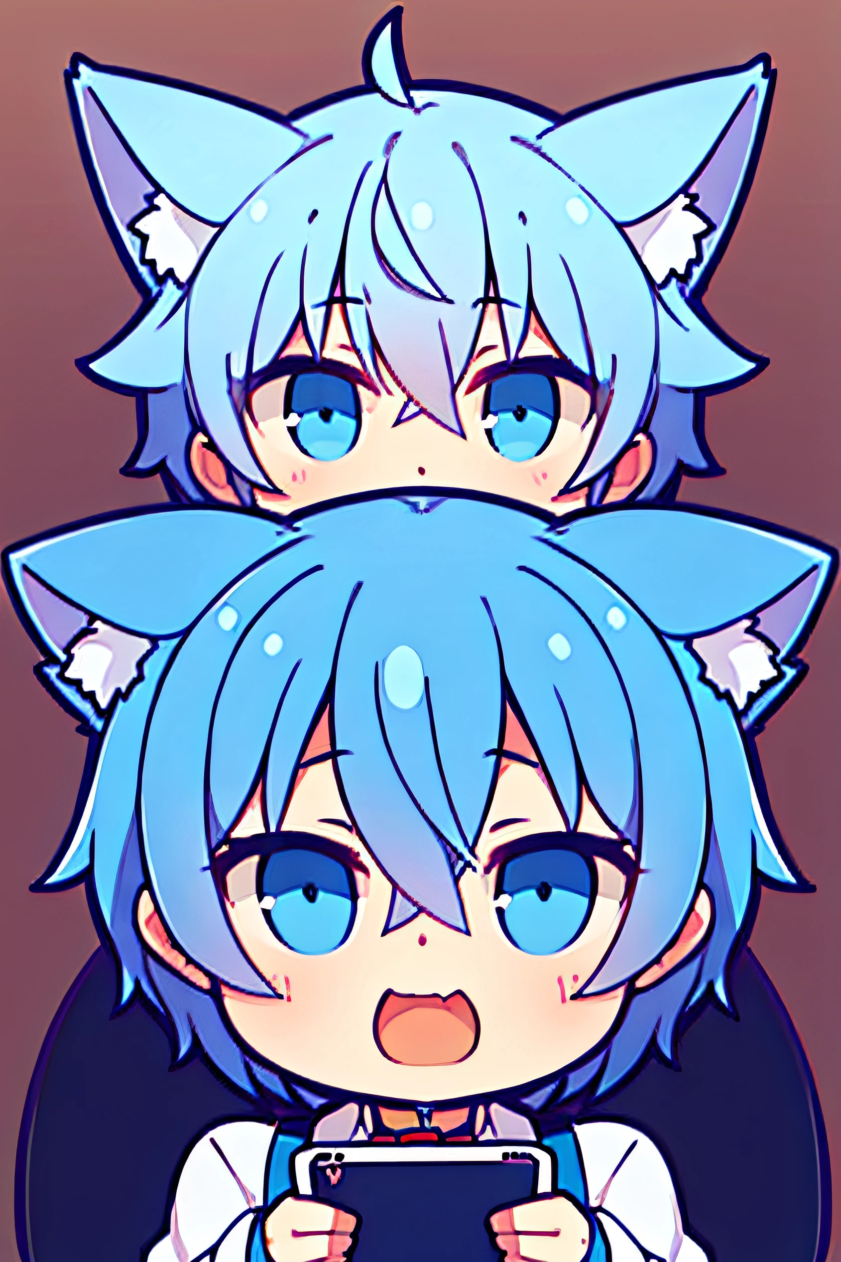 Libido boy,Cat ears,blue color eyes,short detailed hair,full bodyesbian,proud expression,blue hairs,Sit and play with your phone,The back is full of children