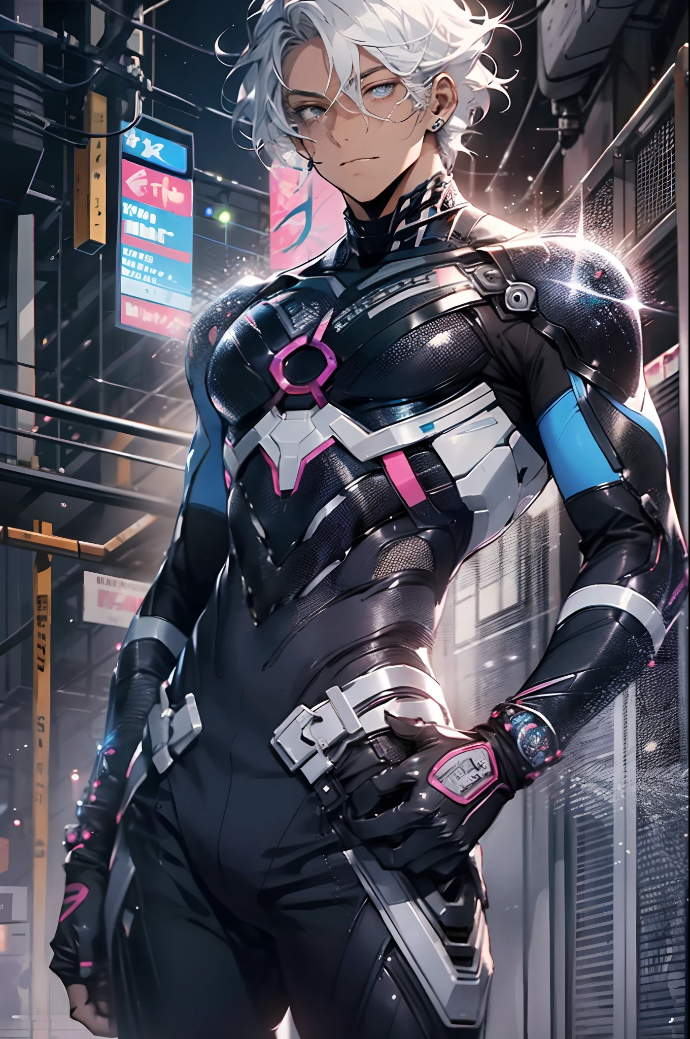 （cyber punk perssonage：1.3） ， Black pantsuit， Black T-shirt with， melancholy lighting， A tranquil， peacful， luminance， tmasterpiece， best qualityer， （Ultra photo realsisim：1.3）， （tmasterpiece：1.4）， best qualtiy， （（realisticlying））， high high quality， ultra - detailed， （（Authentic images））， （（Realistic skin））， （（photorealiscic face））， （illustratio：1.05）， （Handsome：1.05）， （beatiful detailed eyes：1.05）， （cinematric light：1.1）， Blue in the detachment， perfect whole body，Black and blue clothes，White sneakers，（Handsome male），(perfect male figure), short detailed hair，Detailed face, Perfect face, (The stands up), Detailed background, ((Bonifasko lighting)), (Detailed eyes), perfect pupils