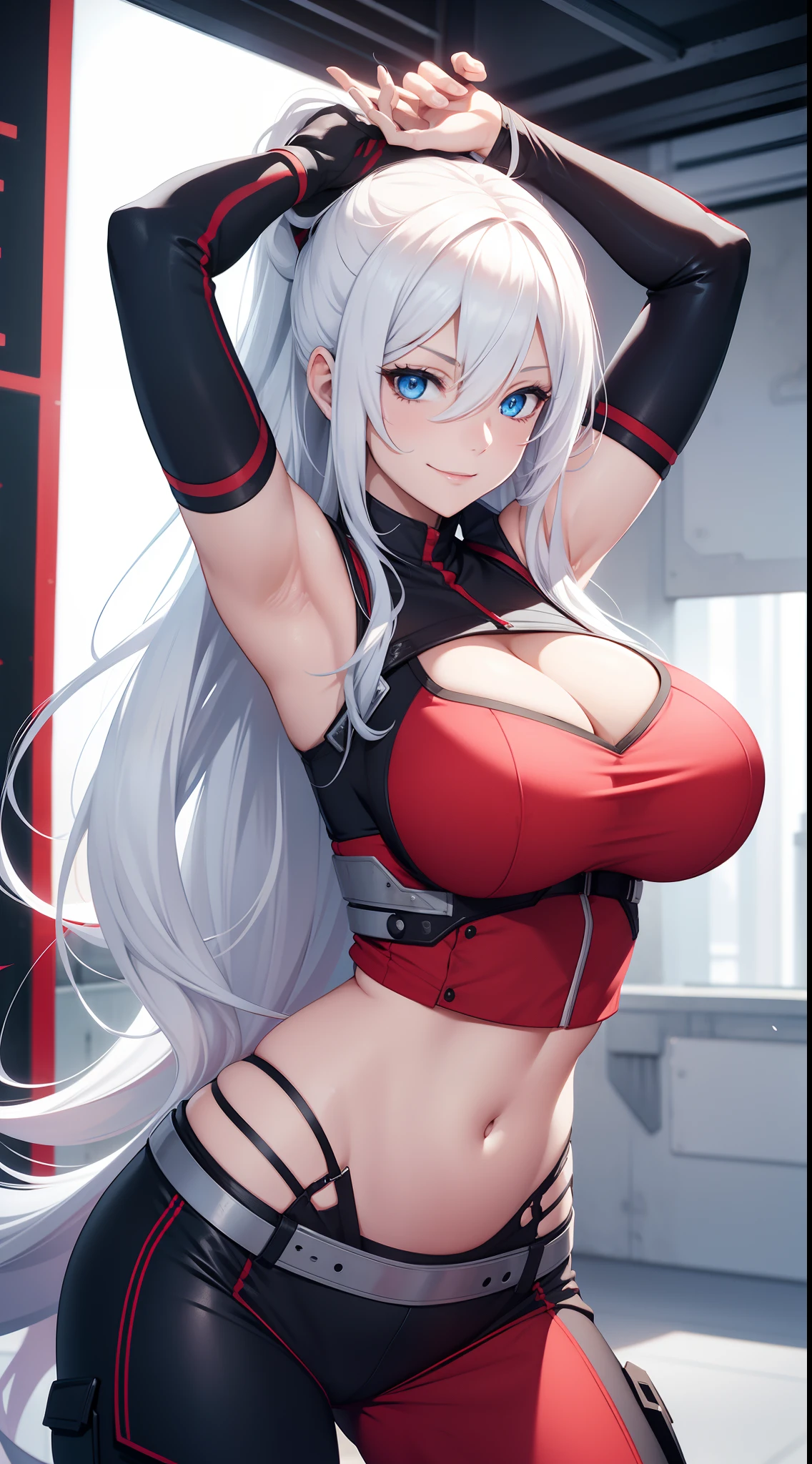 Adult woman, Long white hair, blue eyes, Smile, Red tight top, Huge-breasts, open belly, Combat pants, hands behind head, hiquality, 4k, HD, Good detail