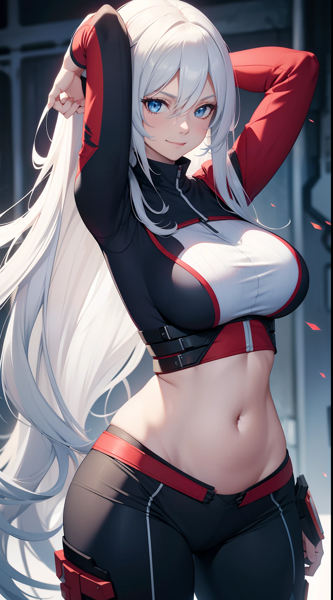 Adult woman, Long white hair, blue eyes, Smile, Red tight top, Huge-breasts, open belly, Combat pants, hands behind head, hiquality, 4k, HD, Good detail