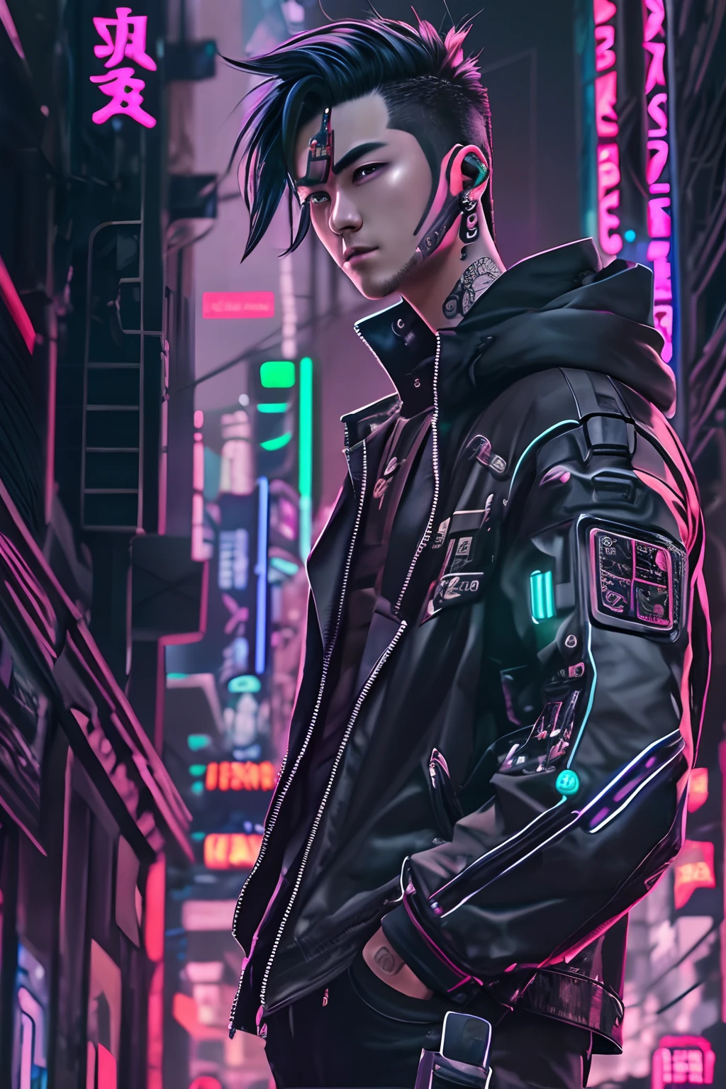 boy，handsome，黑The eye，Black hair，Handsome，A half body，Neon city streets of cyberpunk, Masterpiece,