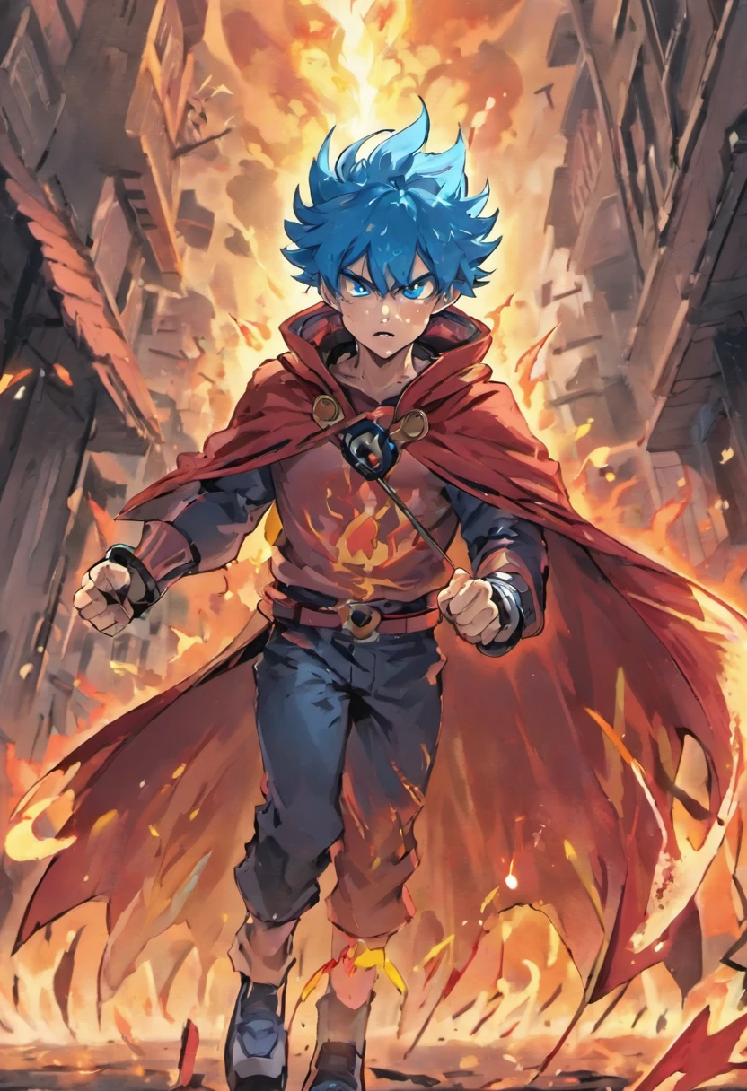 (a detailed picture,high quality,A boy with blue hair, wearing a boy school uniform, with glowing red eyes, and a wise expression, standing in a distorted city. The boy is about 100 years old, and his eyes have a dead, intense stare. He is surrounded by souls and immortals, engaged in an intense fight. The boy seeks revenge with his destructive ability, aiming to exorcise the evil that plagues the city. angry face. exorcist ability. epic battle stance. flying away evil spirit. covered by smoke. epic background. badass. awaken cursed powers.sweating. big wars. got surrounded by enemy. menacing face. genocide. threatning looking. epic battle. blood. bleed. scars. fight seriously. face covered by blood. no mercy. exhausted. hand in bandage. arrogant face. fatal blow. cursed ability. hideous form. hand covered by bloods. screaming. disturbing background. wearing long pants. body in bandage. crying. tired. burning wings. blood on mouth. last hope. one man army. raining bloods. hairs on fire. warrior. killing instinct. wearing red cape . blazing. got badly injured. bloody fight. fighting while on the verge of death. gamma ray burst. sky stars. grumble. frown . got surround by enemy. fight on enemy base. boxing stance. punching impact. fierce expression. wearing red sneakers. rushing towards enemy. excited for fight. thunder storm. fire breath. running. from a far distance. so many bloods. epic background. brutal. violent. cruel. ruin temple. harsh fight. got so many scars on face. royalty. dynasty. handcuffed. fantasy. dashing. using blue fire ability. sea of fire. charging energy. facing powerful enemy. hand full of bloods. dangerous ability. got surrounded by fire. dark atmosphere. flowing hairs. urgent situation. wanderer. surround by smoke. spiritual warriors. his hair blown by the wind. sky castle. bloody fight. urban setting. fiery presence. side bag. futuristic clothes. lightning strike. transform into fire form. cape blown by the wind. epic battle pose.)