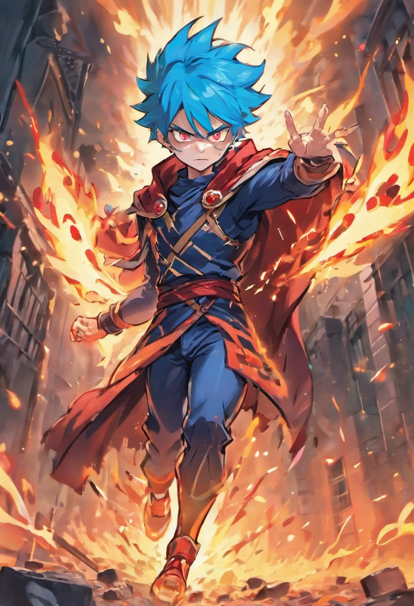 (a detailed picture,high quality,A boy with blue hair, wearing a boy school uniform, with glowing red eyes, and a wise expression, standing in a distorted city. The boy is about 100 years old, and his eyes have a dead, intense stare. He is surrounded by souls and immortals, engaged in an intense fight. The boy seeks revenge with his destructive ability, aiming to exorcise the evil that plagues the city. angry face. exorcist ability. epic battle stance. flying away evil spirit. covered by smoke. epic background. badass. awaken cursed powers.sweating. big wars. got surrounded by enemy. menacing face. genocide. threatning looking. epic battle. blood. bleed. scars. fight seriously. face covered by blood. no mercy. exhausted. hand in bandage. arrogant face. fatal blow. cursed ability. hideous form. hand covered by bloods. screaming. disturbing background. wearing long pants. body in bandage. crying. tired. burning wings. blood on mouth. last hope. one man army. raining bloods. hairs on fire. warrior. killing instinct. wearing red cape . blazing. got badly injured. bloody fight. fighting while on the verge of death. gamma ray burst. sky stars. grumble. frown . got surround by enemy. fight on enemy base. boxing stance. punching impact. fierce expression. wearing red sneakers. rushing towards enemy. excited for fight. thunder storm. fire breath. running. from a far distance. so many bloods. epic background. brutal. violent. cruel. ruin temple. harsh fight. got so many scars on face. royalty. dynasty. handcuffed. fantasy. dashing. using blue fire ability. sea ​​of ​​fire. charging energy. facing powerful enemy. hand full of bloods. dangerous ability. got surrounded by fire. dark atmosphere. flowing hairs. urgent situation. wanderer. surround by smoke. spiritual warriors. his hair blown by the wind. sky castle. bloody fight. urban setting. fiery presence. side bag. futuristic clothes. lightning strike. transform into fire form. cape blown by the wind. epic battle pose.)