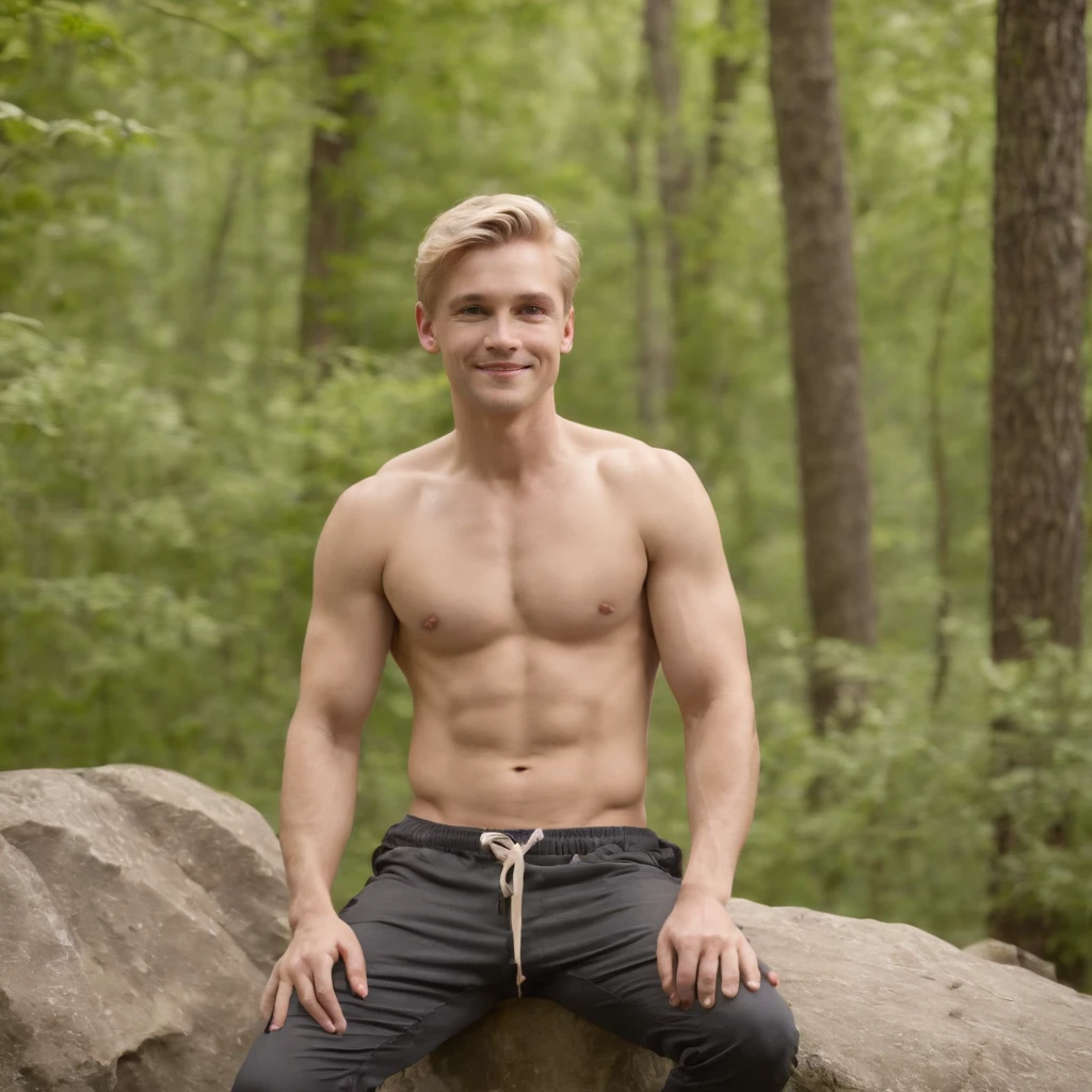 1man, sitting on a rock in the woods, blonde, shirtless, short pant, outdoors, detailed face, happy smiling