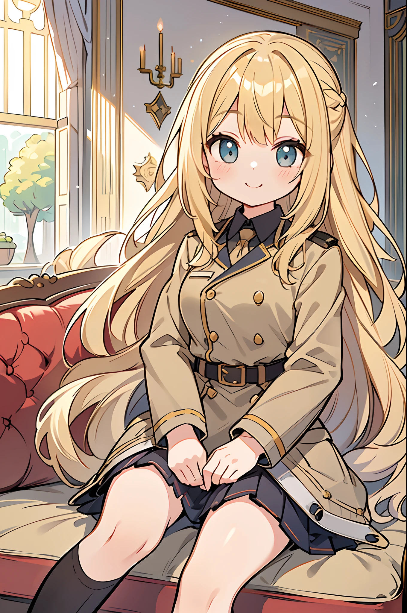 1 girl in, kawaii, blonde  hair, long hair to the waist, ((Smile with plenty of room:1.2)), a beauty girl, ​masterpiece, high-level image quality, Looking at the camera, From diagonally front, ((military outfits＋skirt by the:1.2)), (military outfits＋Lolitar), (Sit on an English-style sofa:1.2), (Inside a luxurious house:1.2), [[[[multiple arms]]]]