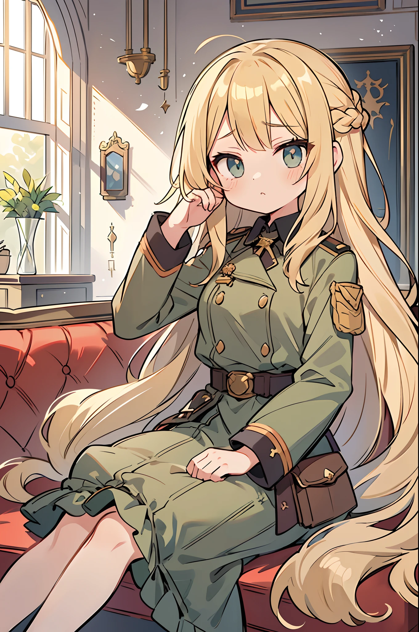 1 girl in, kawaii, blonde  hair, long hair to the waist, ((deadpan)), a beauty girl, ​masterpiece, high-level image quality, head to waist, Looking at the camera, From diagonally front, ((military outfits＋skirt by the:1.2)), (military outfits＋Lolitar), (Sit on an English-style sofa:1.2), (Inside a luxurious house:1.2), [[[[multiple arms]]]]