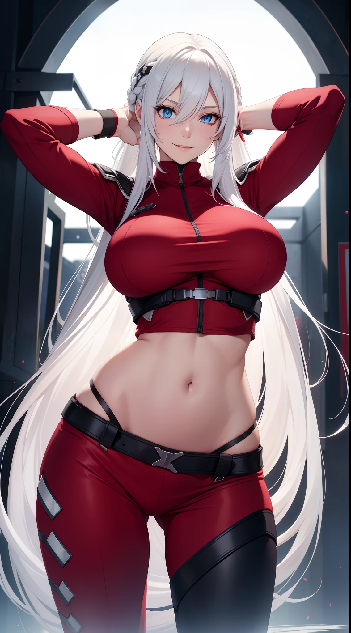 Adult woman, Long white hair, blue eyes, Smile, Red tight top, Huge-breasts, open belly, Combat pants, hands behind head, hiquality, 4k, HD, Good detail