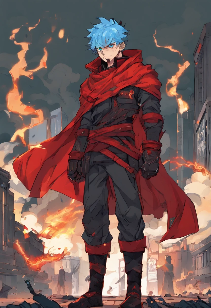 (a detailed picture,high quality,A boy with blue hair, wearing a boy school uniform, with glowing red eyes, and a wise expression, standing in a distorted city. The boy is about 100 years old, and his eyes have a dead, intense stare. He is surrounded by souls and immortals, engaged in an intense fight. The boy seeks revenge with his destructive ability, aiming to exorcise the evil that plagues the city. angry face. exorcist ability. epic battle stance. flying away evil spirit. covered by smoke. epic background. badass. awaken cursed powers.sweating. big wars. got surrounded by enemy. menacing face. genocide. threatning looking. epic battle. blood. bleed. scars. fight seriously. face covered by blood. no mercy. exhausted. hand in bandage. arrogant face. fatal blow. cursed ability. hideous form. hand covered by bloods. screaming. disturbing background. wearing long pants. body in bandage. crying. tired. burning wings. blood on mouth. last hope. one man army. raining bloods. hairs on fire. warrior. killing instinct. wearing red cape . blazing. got badly injured. bloody fight. fighting while on the verge of death. gamma ray burst. sky stars. grumble. frown . got surround by enemy. fight on enemy base. boxing stance. punching impact. fierce expression. wearing red sneakers. rushing towards enemy. excited for fight. thunder storm. fire breath. running. from a far distance. so many bloods. epic background. brutal. violent. cruel. ruin temple. harsh fight. got so many scars on face. royalty. dynasty. handcuffed. fantasy. dashing. using blue fire ability. sea ​​of ​​fire. charging energy. facing powerful enemy. hand full of bloods. dangerous ability. got surrounded by fire. dark atmosphere. flowing hairs. urgent situation. wanderer. surround by smoke. spiritual warriors. his hair blown by the wind. sky castle. bloody fight. urban setting. fiery presence. side bag. futuristic clothes. lightning strike. transform into fire form. cape blown by the wind. epic battle pose.)