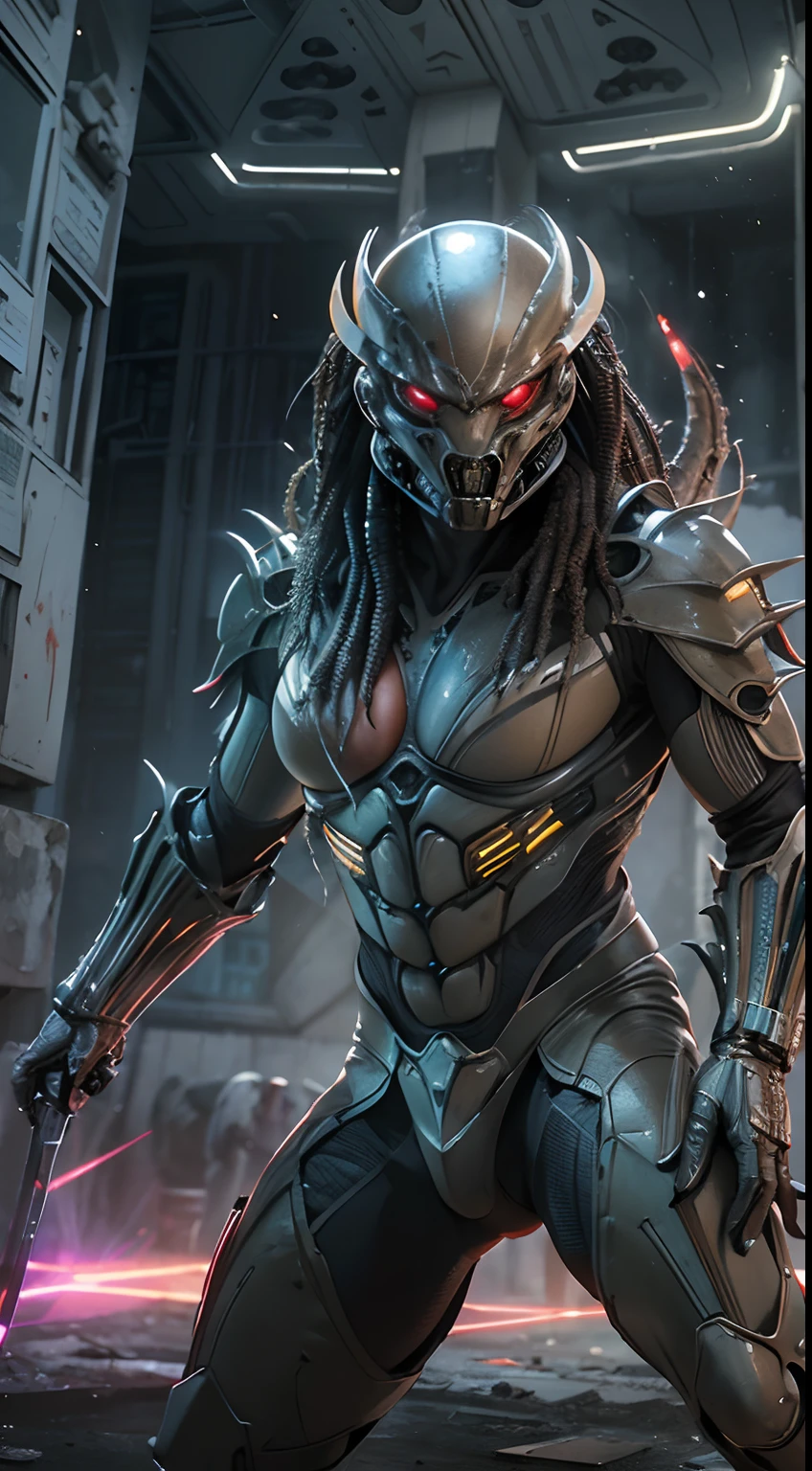 ((Predator with futuristic battle suit, Scene of Predator fighting bloody alien monsters with laser knives, h.r. giger's epic and dramatic battle)) futuristic design, masterpiece, best quality