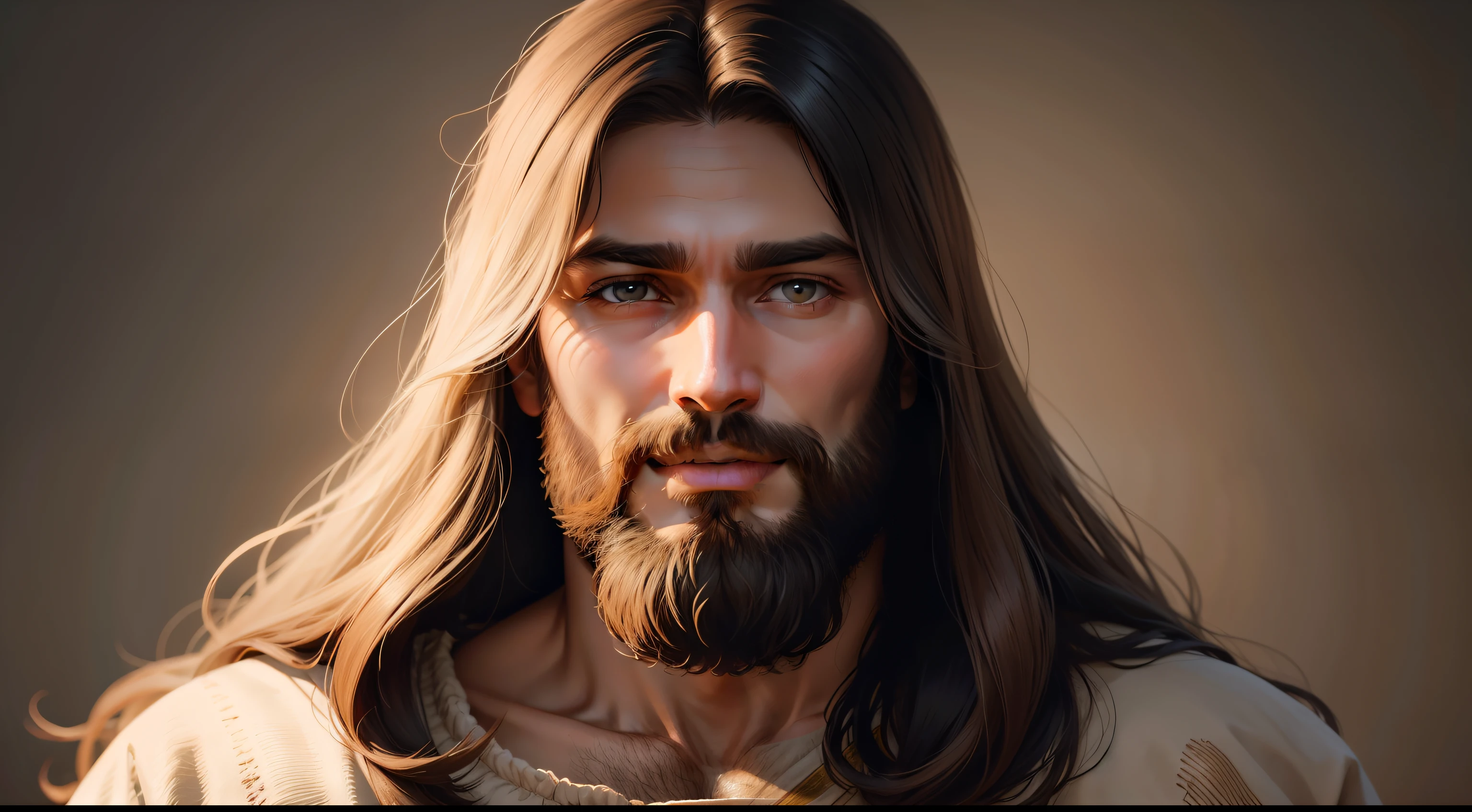 Jesus Christ in his glory facing the camera with shy smile and sensitive gaze, roupa branca, cabelos longos, olhos azuis, medium beard, foto de alta qualidade, High definition photo