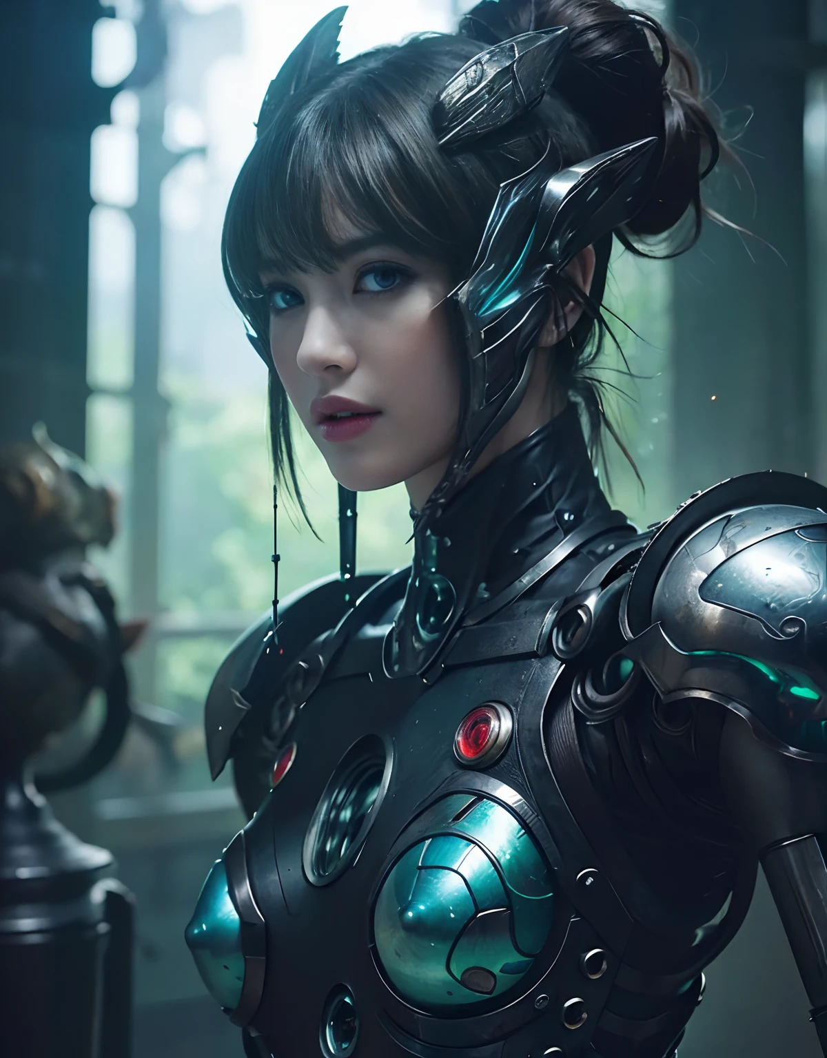 (1 Mechanical Girl)、top-quality、masterpiece、超A high resolution、(Photorealsitic:1.4)、Raw photo、1人、Fight mutants、glowy skin、(((1 Mechanical Girl)))、With a beautiful knife、(Green Metal Bodysuit)、(Kobold、ogre、Fierce battle with orcs),(Fight fiercely against aliens)、Fight fiercely、(beautiful forest background)、(Fighting Demonic Beasts)、(Small LED)、((super realistic details))、portlate、(Strong giant demon beast background),globalillumination、Shadow、octan render、8K、ultrasharp、Colossal tits、Raw skin is exposed in cleavage、metals、Details of complex ornaments、Japan details、highly intricate detail、Realistic light、(Mystical expression),CGSoation Trends、Blue eyes、radiant eyes、Facing the camera、neon details、(Mechanical limbs)、(blood vessels connected to tubes)、Mechanical vertebrae attached to the back、mechanical cervical attaching to neck、(Wires and cables connecting to the head)、Gundam、Small LED、,Mechanical thighs、Toostock、(Hands are also made of machines)、(Attack of the Monster Beasts)、(Wounded in a deadly battle)、