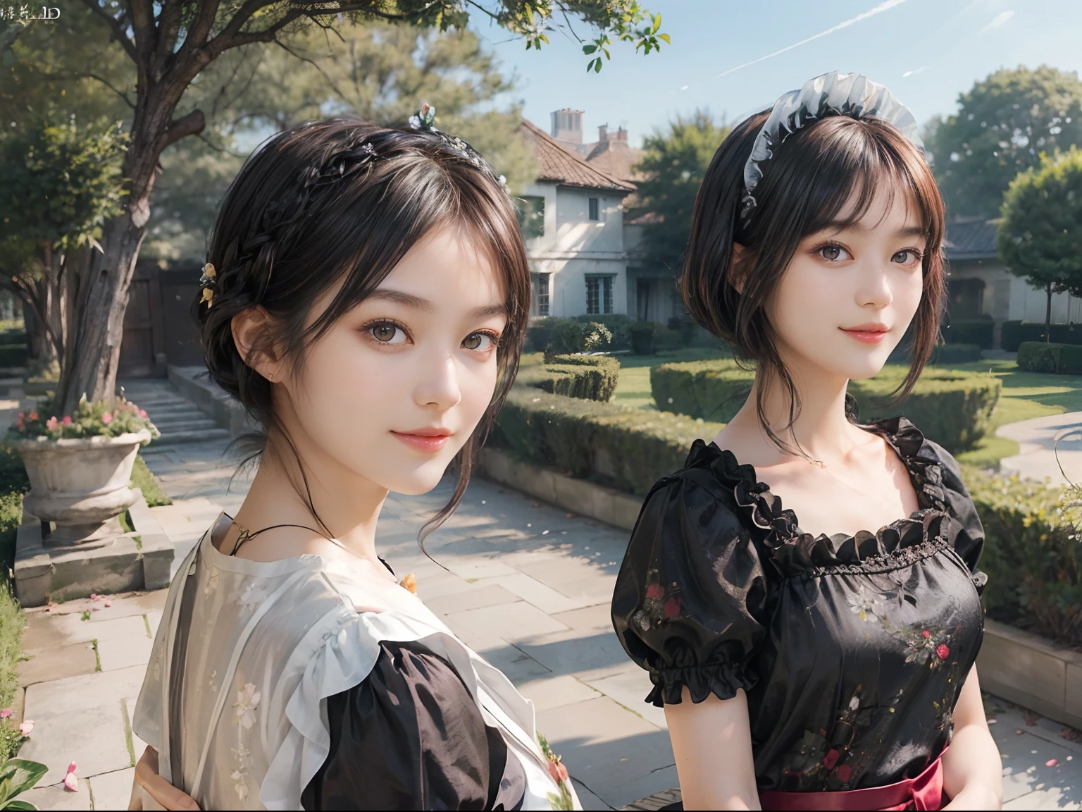 11
(Black Shorthair:1.3), (a 20 yo woman), (A hyper-realistic), (masutepiece), (8KUHD), Beautiful woman, A smile, (Floral Maid Clothing:1.2), Large and luxurious terrace, Standing in a garden with a wide depth, (Focus on the face:1.23), 2Get a pet dog