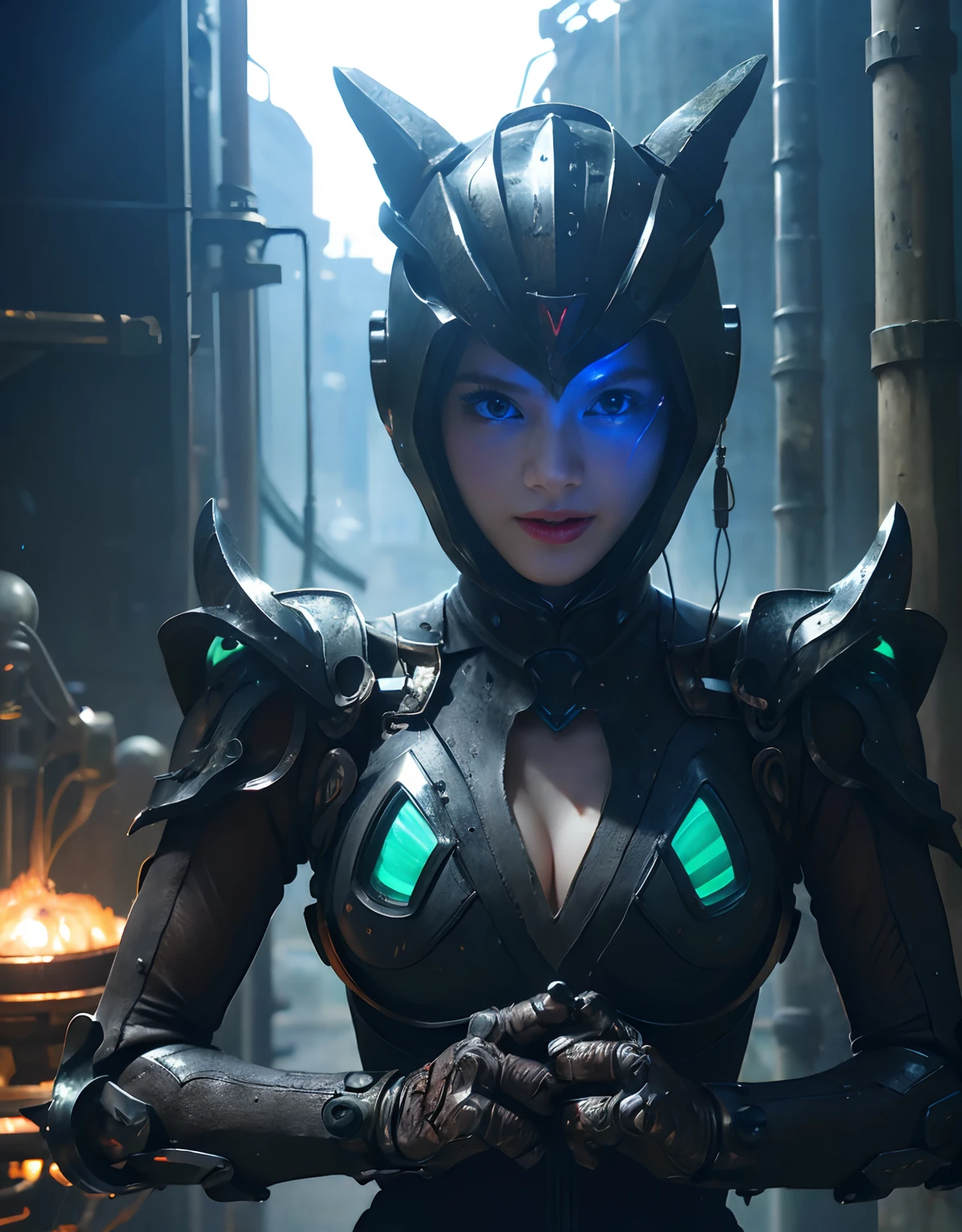 (1 Mechanical Girl)、top-quality、masterpiece、超A high resolution、(Photorealsitic:1.4)、Raw photo、女の子1人、Fight mutants、glowy skin、(((1 Mechanical Girl)))、With a beautiful knife、(Green Metal Bodysuit)、(Kobold、ogre、Fierce battle with orcs),(Fight fiercely against aliens)、Fight fiercely、(beautiful forest background)、(Fighting Demonic Beasts)、(Small LED)、((super realistic details))、portlate、(Strong giant demon beast background),globalillumination、Shadow、octan render、8K、ultrasharp、Colossal tits、Raw skin is exposed in cleavage、metals、Details of complex ornaments、Japan details、highly intricate detail、Realistic light、(Mystical expression),CGSoation Trends、Blue eyes、radiant eyes、Facing the camera、neon details、(Mechanical limbs)、(blood vessels connected to tubes)、Mechanical vertebrae attached to the back、mechanical cervical attaching to neck、(Wires and cables connecting to the head)、Gundam、Small LED、,Mechanical thighs、Toostock、(Hands are also made of machines)、(Attack of the Monster Beasts)、(Wounded in a deadly battle)、