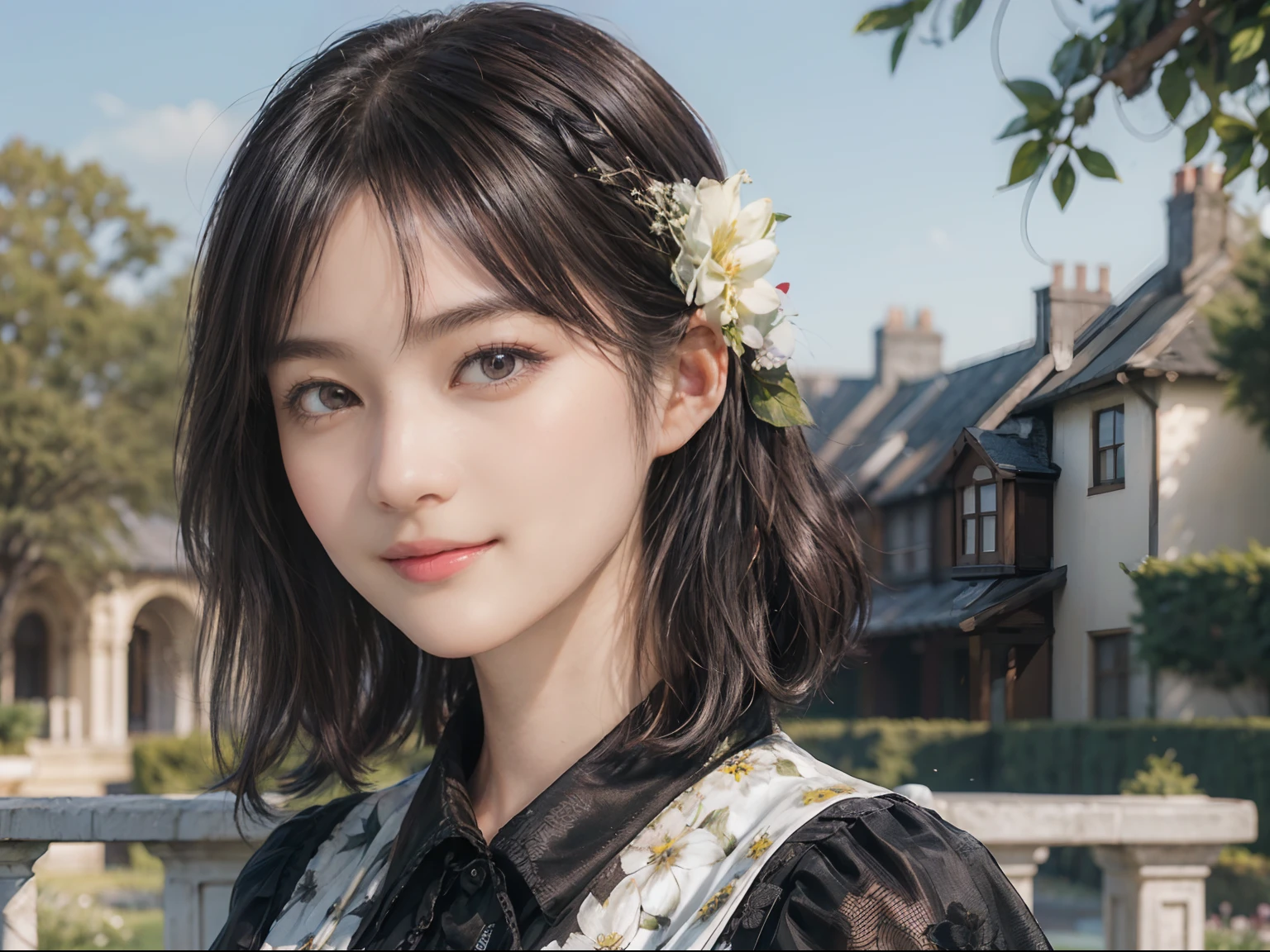 11
(Black Shorthair:1.3), (a 20 yo woman), (A hyper-realistic), (masutepiece), (8KUHD), Beautiful woman, A smile, (Floral Maid Clothing:1.2), Large and luxurious terrace, Standing in a garden with a wide depth, (Focus on the face:1.23), ２Get a pet dog