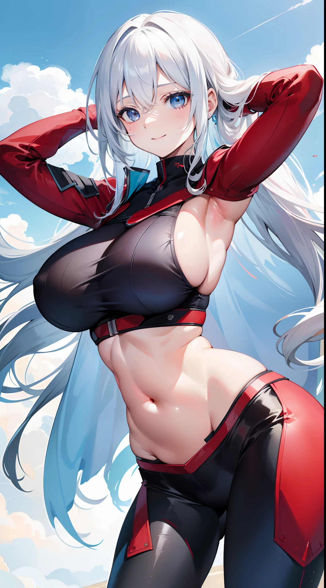 Adult woman, Long white hair, blue eyes, Smile, Red tight top, Huge-breasts, open belly, Combat pants, hands behind head, hiquality, 4k, HD, Good detail