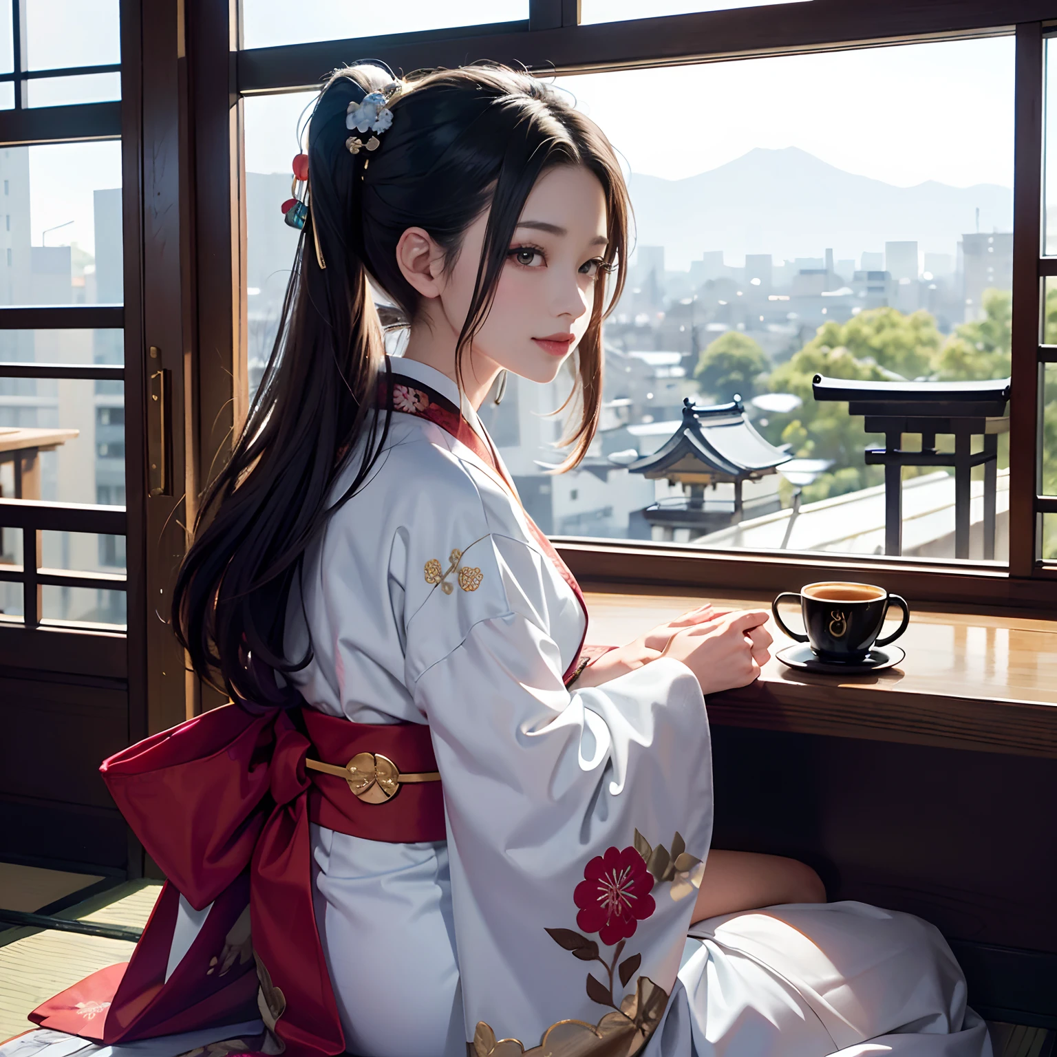 Detailed background(Stylish coffee shop(The cityscape of Kyoto seen outside the window,morning)),Sitting on a chair,Drinking coffee,Smiling,BREAK,elaborate costume{Luxury kimono(Colorful kimono(detailed embroidery,))}、1girl in(Japanese Idol(actress):1.2)(face perfect:1.2),Depicting a beautiful and classy adult woman,glossy dark hair(poneyTail),Heart in the eye, Wallpapers 16K,Blur the background with a sickle,((masutepiece)), ((Best Quality)),{{a portrait photo of}},full body Esbian