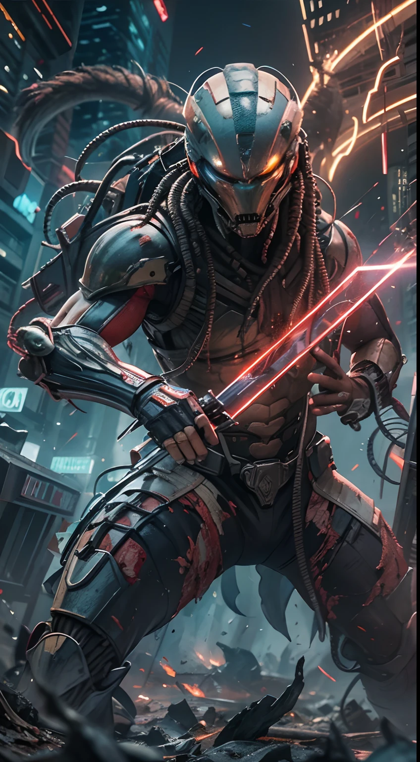 Movie scene of Predator fighting bloody alien monsters with laser knives. Predator with futuristic battle suit, epic and dramatic battle in the ruined city, futuristic design, masterpiece, best quality