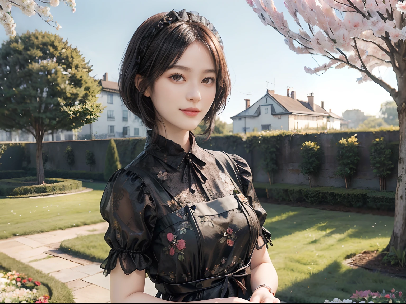 11
(Black Shorthair:1.3), (a 20 yo woman), (A hyper-realistic), (masutepiece), (8KUHD), Beautiful woman, A smile, (Floral Maid Clothing:1.2), Large and luxurious terrace, Standing in a garden with a wide depth, (Focus on the face:1.23), ２Get a pet dog