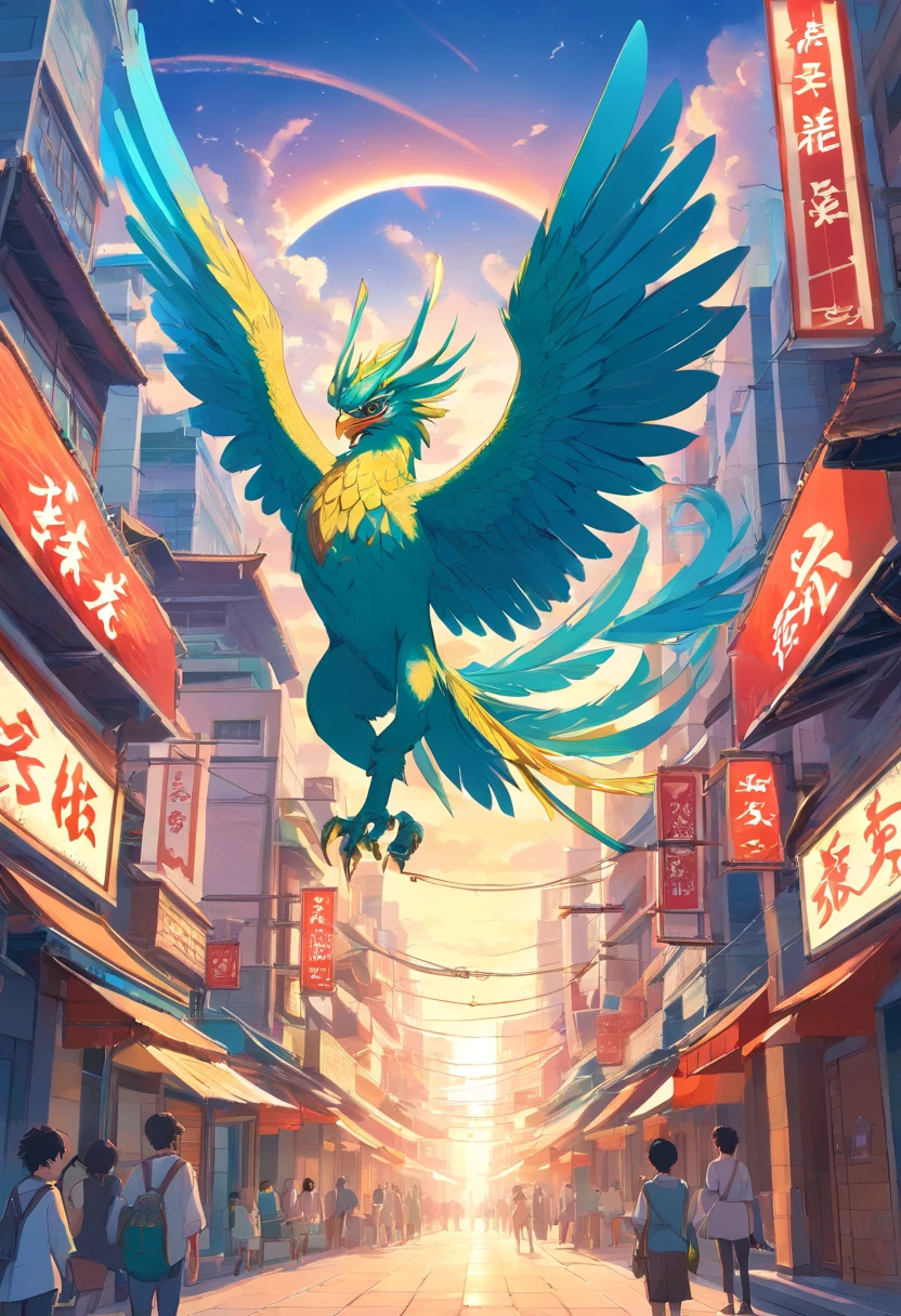 indonesian bird garuda on Chang'an City, Art Nouveau style illustration, Detailed sky, chinapunk, Explanatory narrative, solarizing master, quito school, Visual poetry