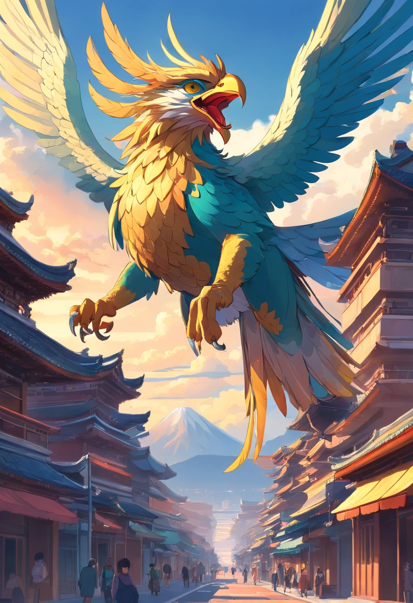 indonesian bird garuda on Chang'an City, Art Nouveau style illustration, Detailed sky, chinapunk, Explanatory narrative, solarizing master, quito school, Visual poetry