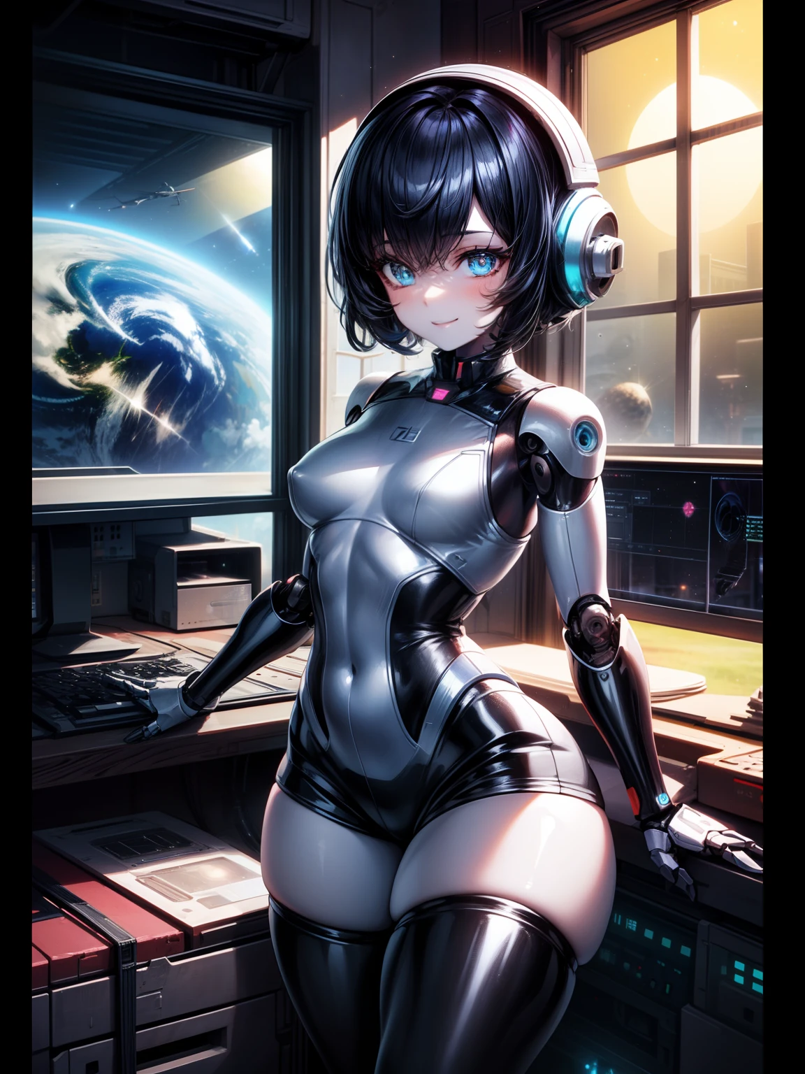 1girl,solo, short hairs,multicolor hairs,light blue eyes, curvy,humanoid robot, joints, robot, robot joints, shiny, shiny skin, thighs, robot, humanoid robot, robot girl,smile, indoor, (window:1.6),science fiction,short shorts ,sleeveless jacket ,sci-fi ,factory,monitor,retrowave, (space in background,planet,sun,galaxy,star,earth),spaceship