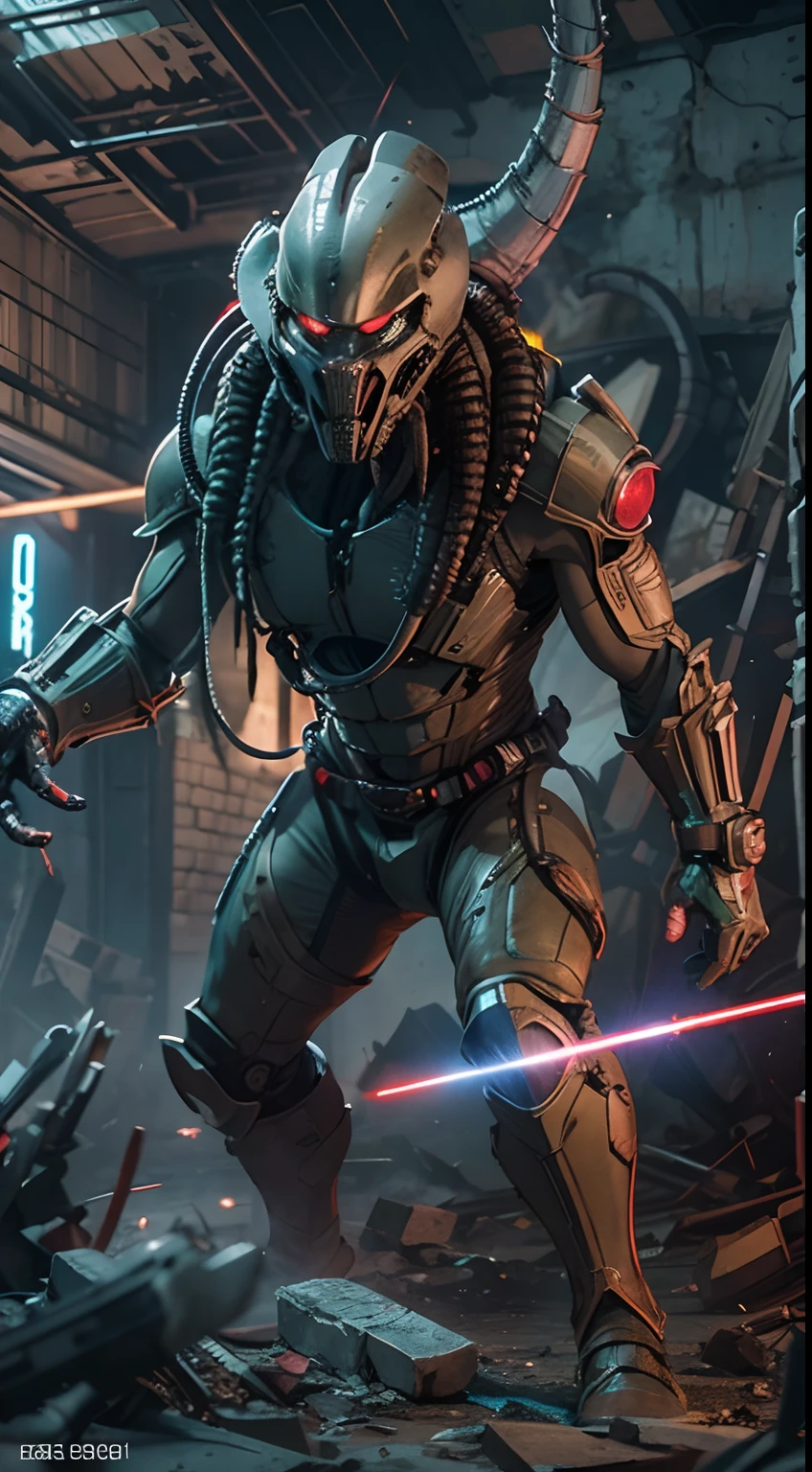 Movie scene of Predator fighting bloody alien monsters with laser knives. Predator with futuristic battle suit, epic and dramatic battle in the ruined city, futuristic design, masterpiece, best quality