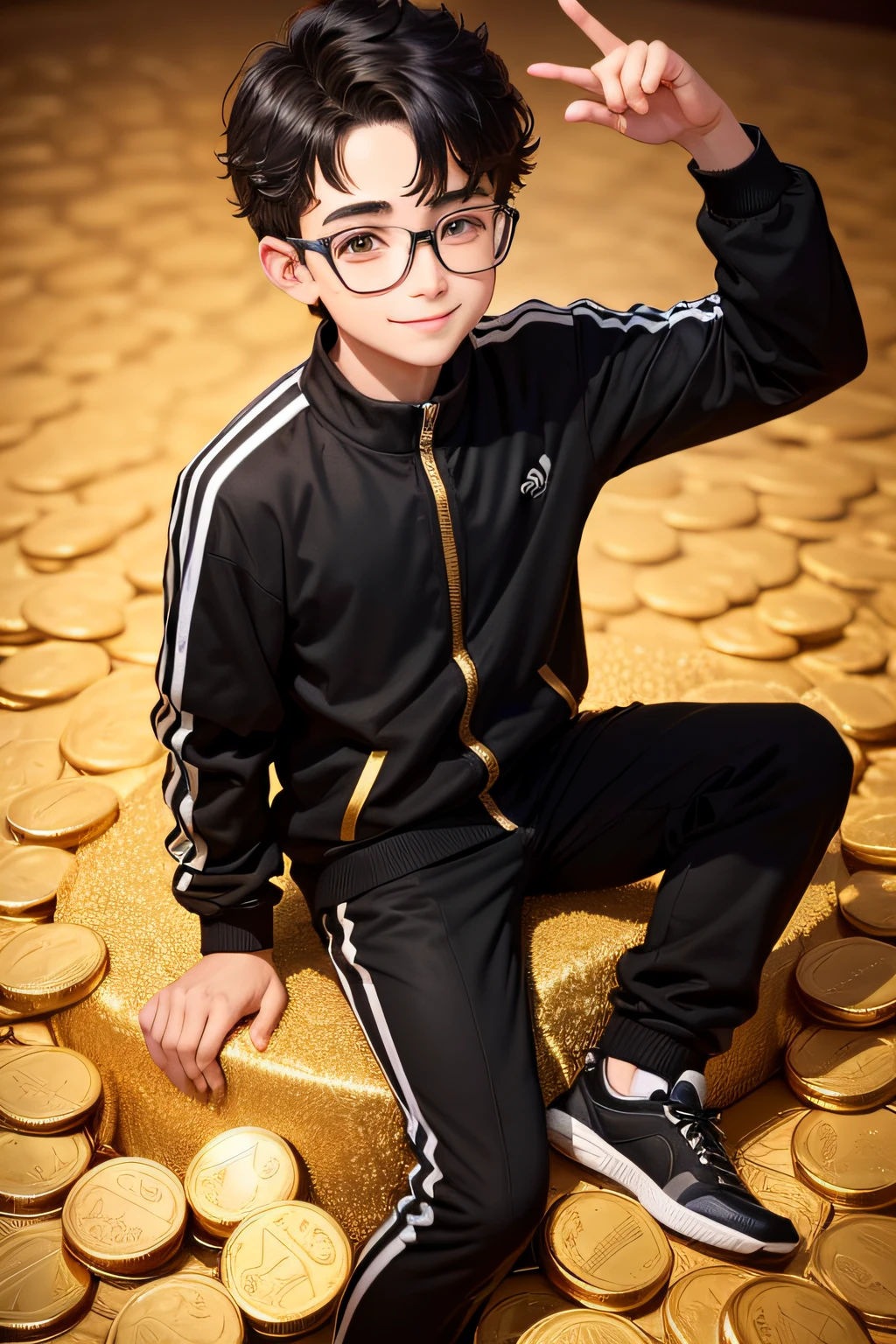 Handsome kid with glasses in black and white tracksuit standing in a pile of gold coins smiling