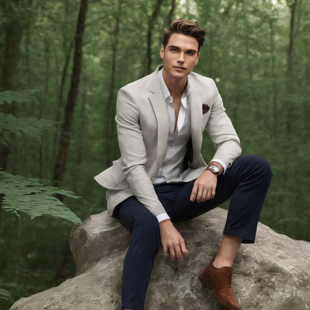 1man, handsome, stunning, sitting on a rock in the woods,  short pant, outdoors, detailed face, happy smiling