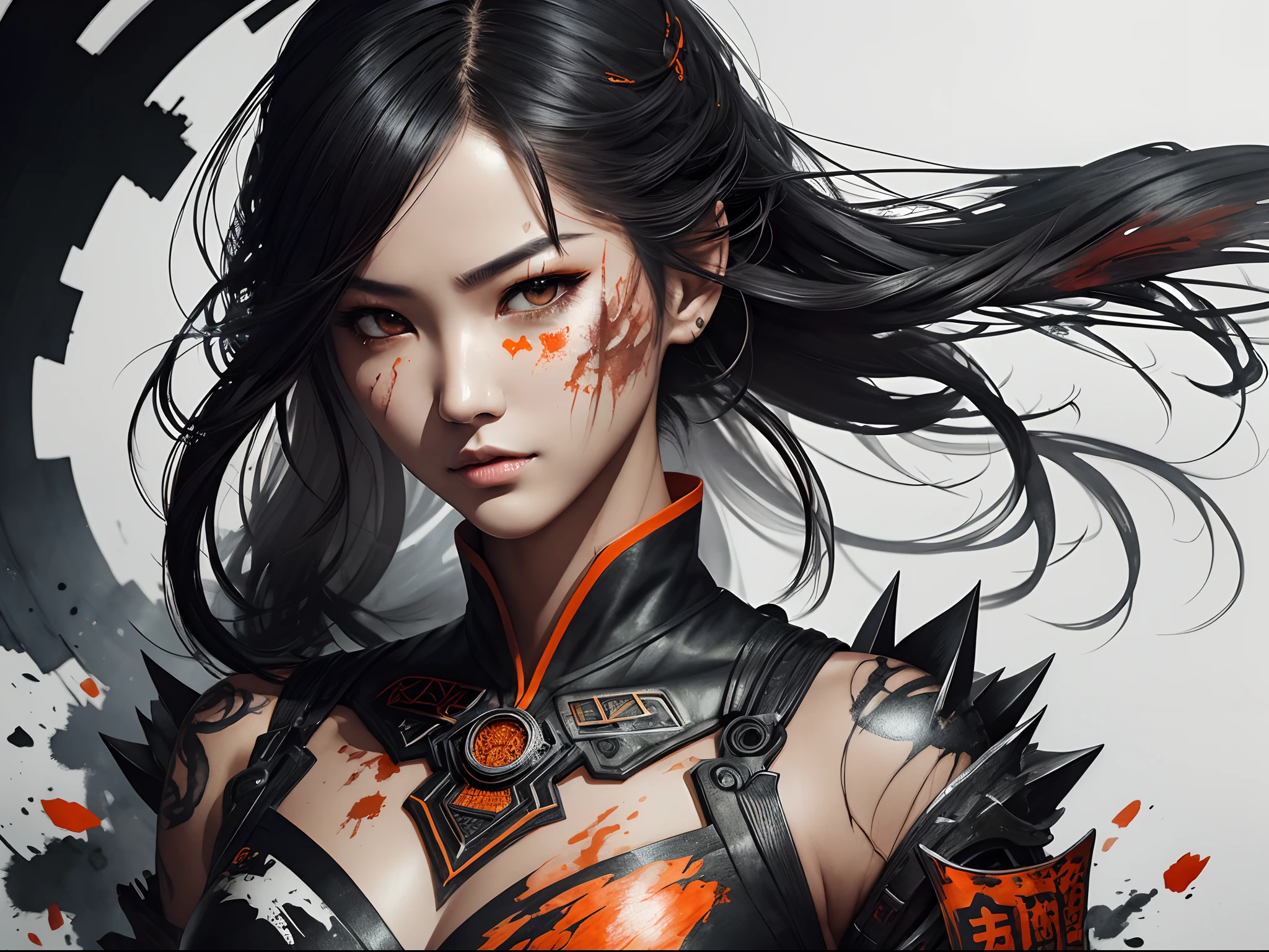 face portrait of MeiyuCipher 1girl orange spike aura in motion, damaged Chinese clothes, floating pieces, trending on artstationh, Sharp focus, Intricate details, Highly detailed, Detailed face (ink and watercolor painting, Brush Strokes, author：Russ Mills 和 Yoji Shinkawa) Best quality, absurderes, (Negative space) ,