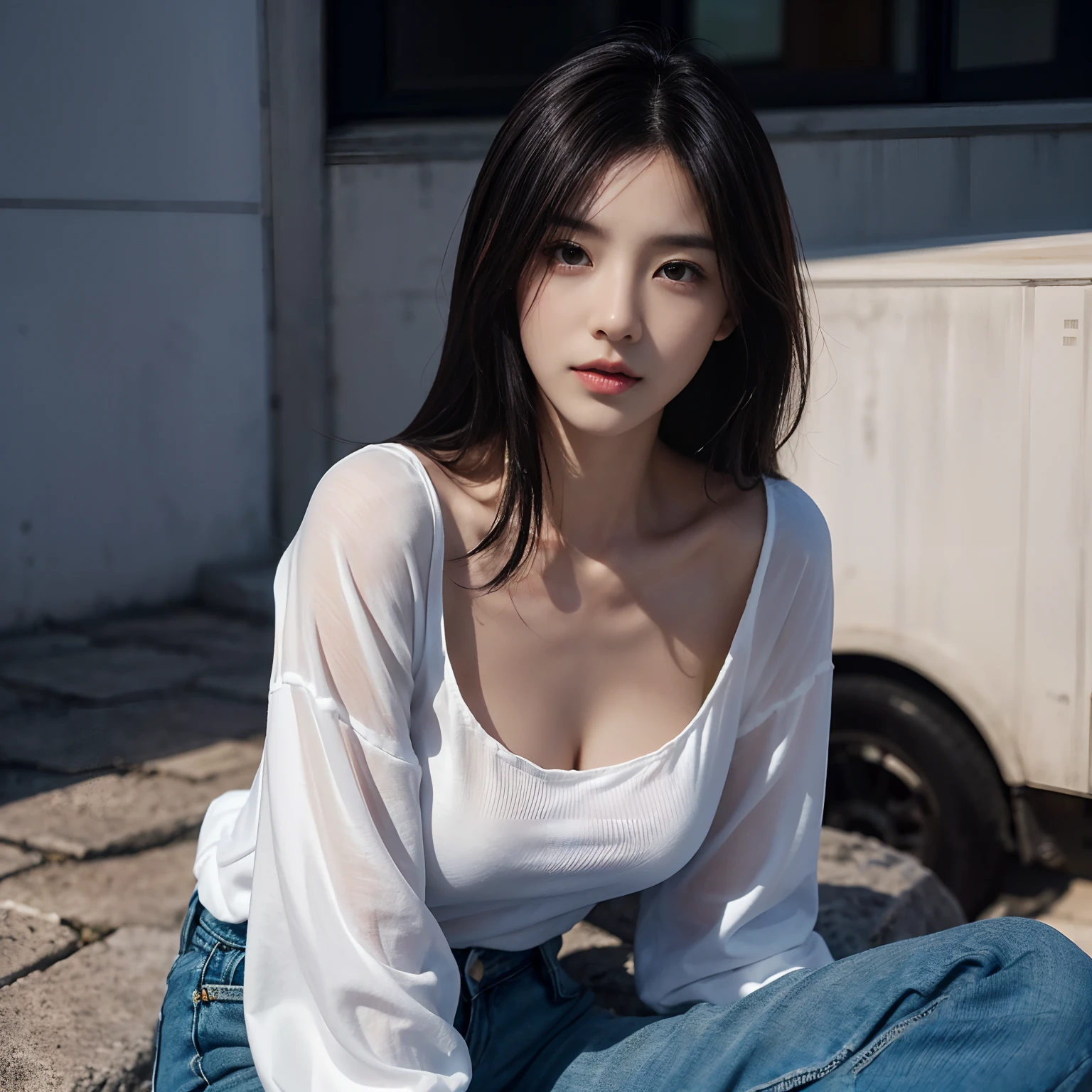 top-quality、(Photorealsitic:1.2)、1girl in、独奏、shinny skin、A detailed face、sface focus、A dark-haired、、Long cut、(Look at viewers:1.5)、black eyes、white shirt、torn jeans、(a picture:0.8)、Sexy breasts、Mole on the chest、8K