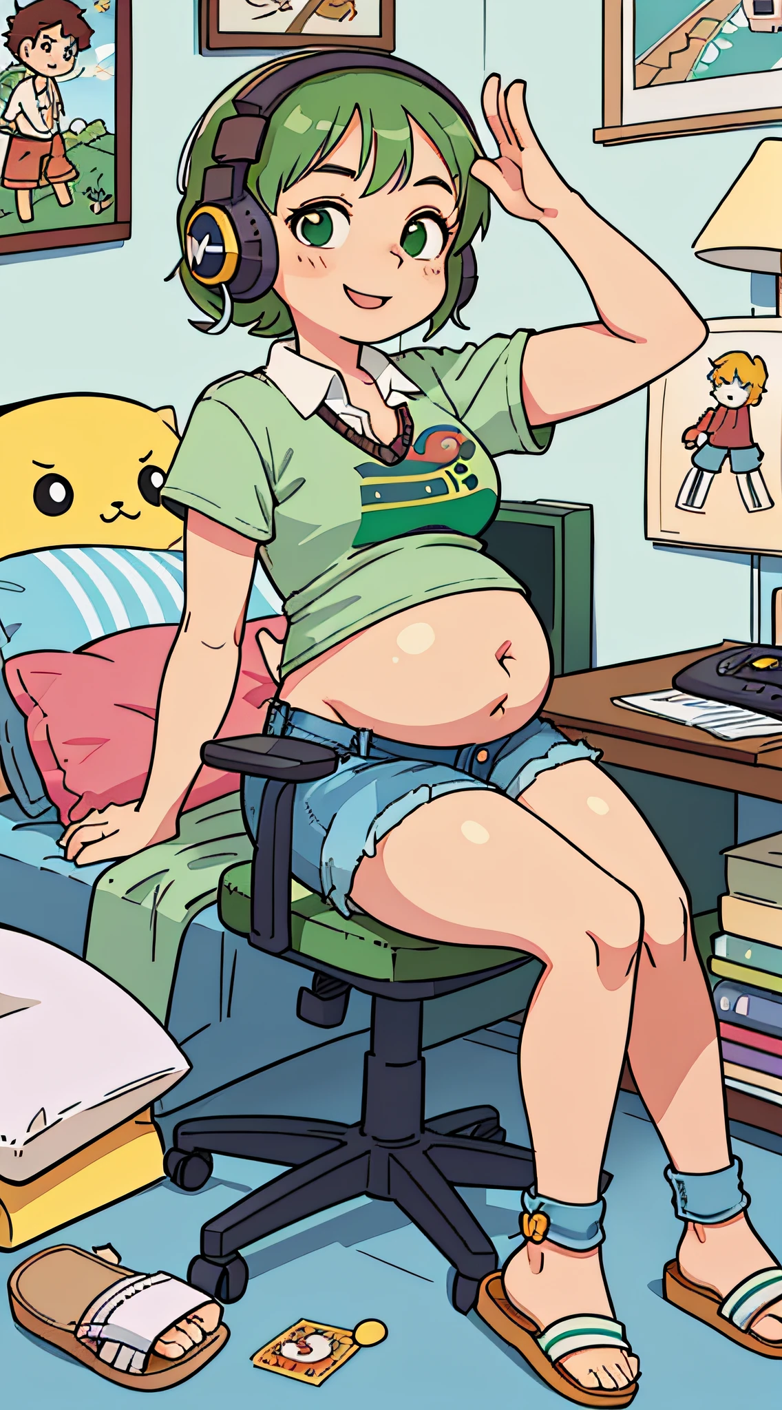 Masterpiece, Best Quality, Ultra-detailed, Illustration, 2girl, Sitting, playful, gaming, Messy room, teenage, 15 year old, lightly, snug, relaxed, cheerful, taste, love, friendship, Cute, Touching, computer game, controller, Sorrisos, joy, Laughter, comfortable, Anime style, 2D, chibi, chibi, Flat Art, (Solo:1.2), intriciate detail, (Big belly fat:1.5),1 belly button, Cheeky look, Sagging middle breasts, (Green Eyes:1.3), (Green short hair:1.5), (Dress Shirts, Denim shorts, sandals, Denim shorts:1.5), Dress Shirts, (Dynamic Pose, Dynamic Angle:1.2), matted, chaotic, intrikate, toy, posters, pillow, Blanket, lamps, a desk, Chair, Cozy ambiance, warm lightings, bright colors, Soft pastels, Flowers, vegetation, books, headphones, snack, soda, Energy Drinks, manga, novel, Plush toys, doll, posters, a photo of, posters, Wall scrolls, sticker, decoration, bed, Blanket, pillow, Stuffed animals, Cozy blanket, Warm blankets,