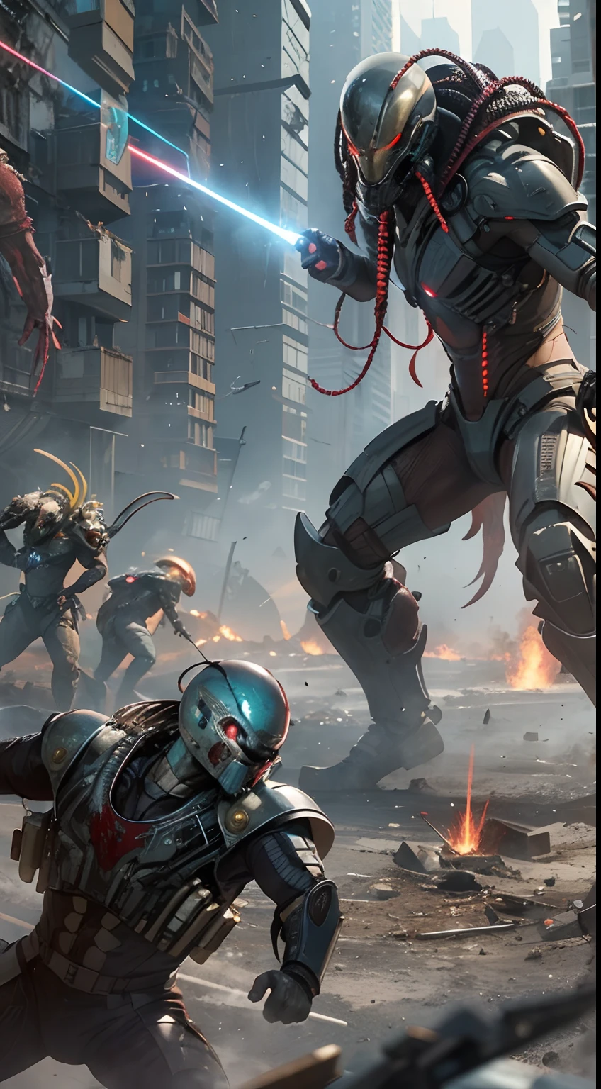 Movie scene of Predator fighting bloody alien monsters with laser knives. Predator with futuristic battle suit, epic and dramatic battle in the ruined city, 8 people in the distance are fighting together, all wearing futuristic combat suits, futuristic design, masterpiece work, best quality