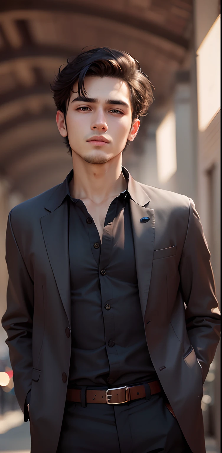 Change background handsome boy best outfit , realistic face