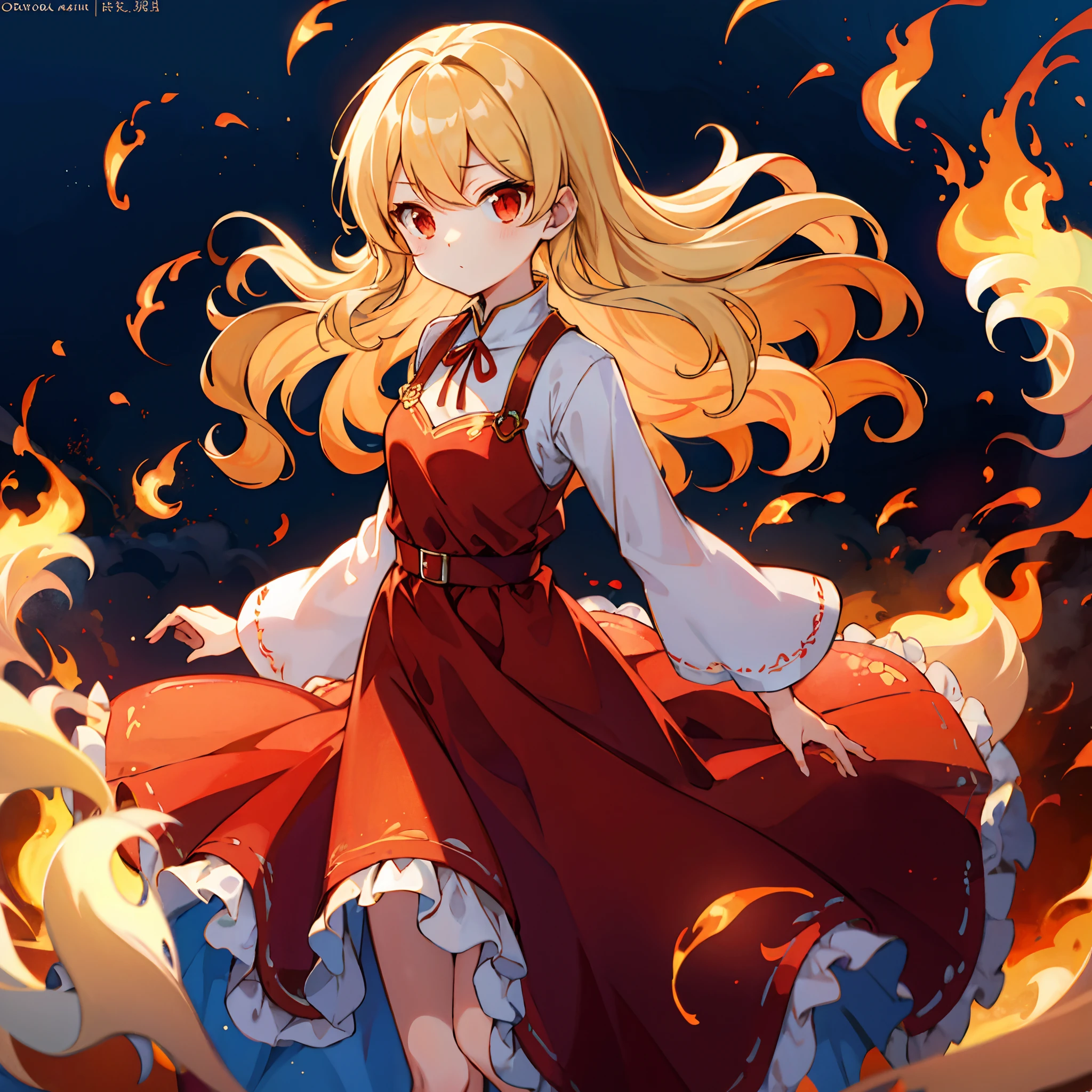 Wavy blonde、red eyes、One Beautiful Girl、Retro dresses、Surrounded by flames、sorcerer