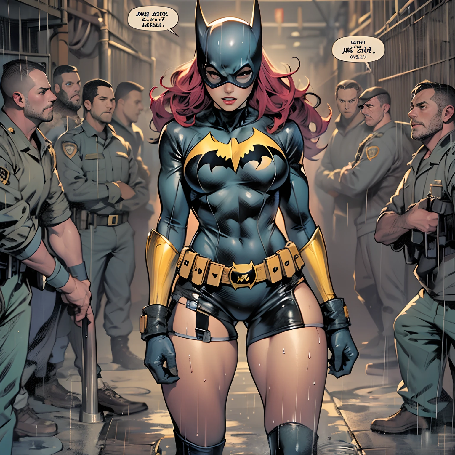 Batgirl in a black tights in DC Comics stands in front of a group of male prisoners, She doesn't have a mask, She has no headdress, huge tit, Buttock augmentation ,Soaked all over, Her expression is tense, The prisoners looked at her intently, The prisoners brought their faces close to her,Fall into a dimly lit alley,with intense rain, full body pov, 32K, Best quality, Masterpiece, Super detail, High details ,