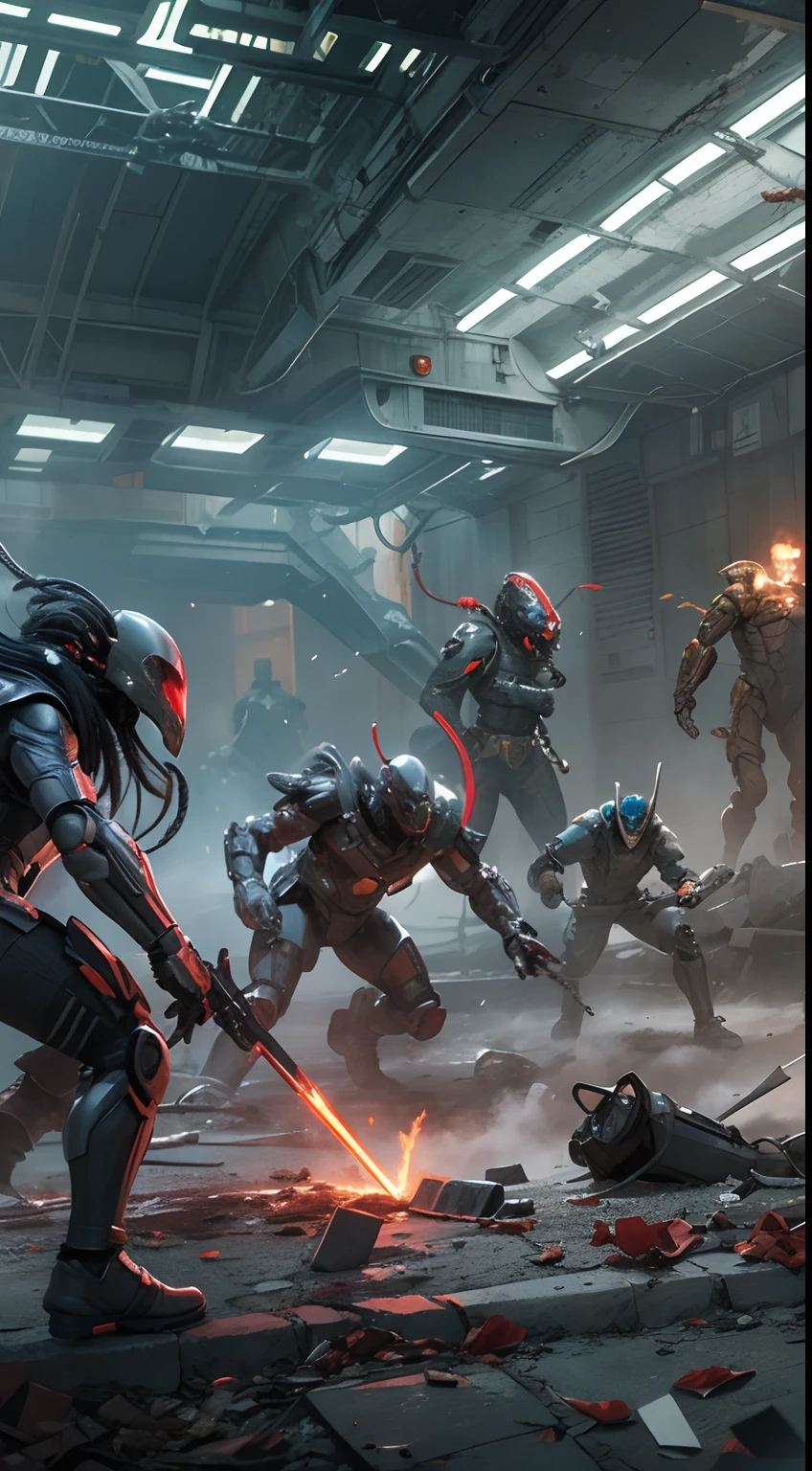 Movie scene of Predator fighting bloody alien monsters with laser knives. Predator with futuristic battle suit, epic and dramatic battle in the ruined city, 8 people in the distance are fighting together, all wearing futuristic combat suits, futuristic design, masterpiece work, best quality