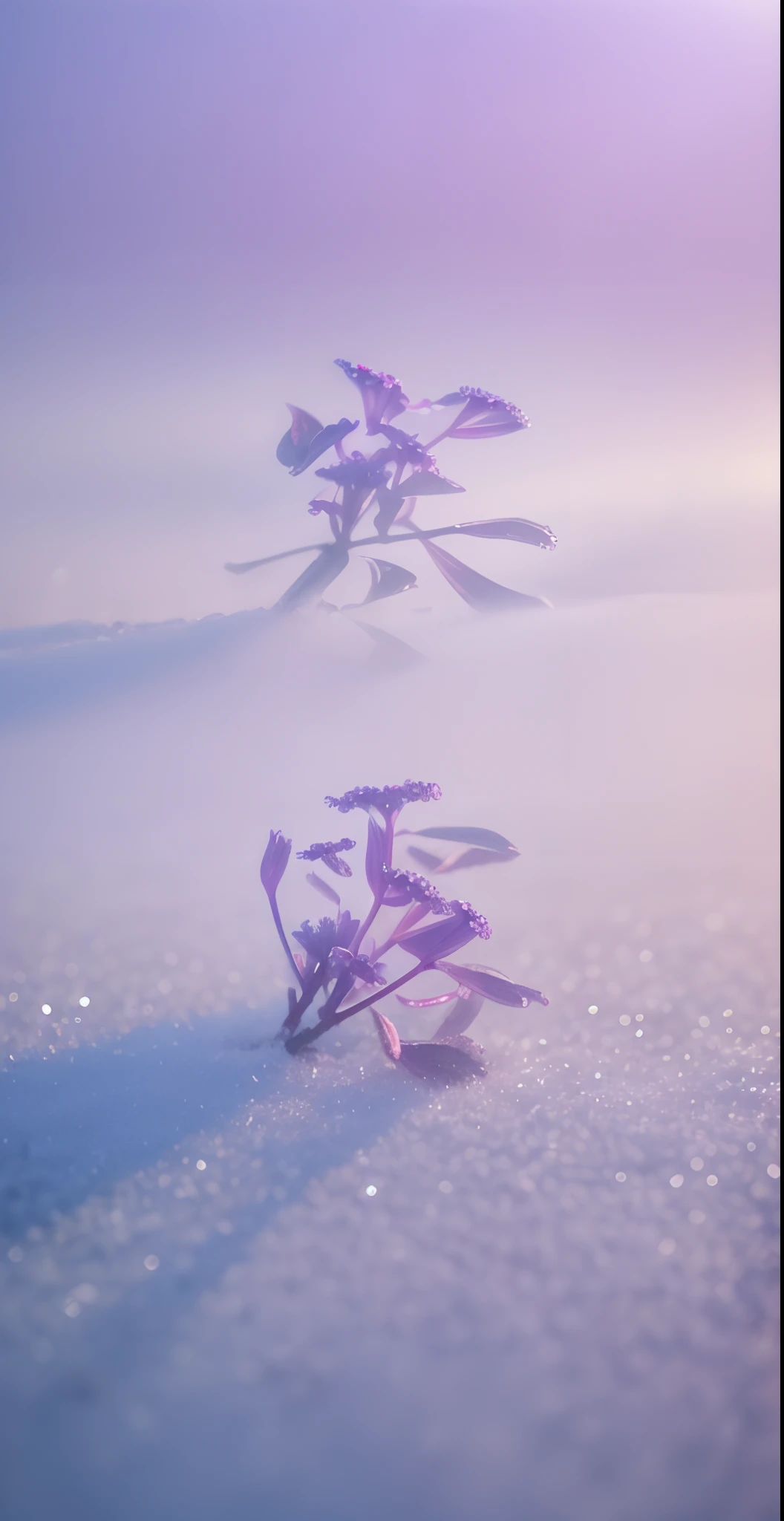 Winter morning, Crystal dewdrops, Autumn leaves, chrysanthemums, Frost flowers, There was fog on the ground, Close-up shot, background illusory, movie light effect, 35 mm photo, lightand shade contrast, Award-winning photography, Panoramic view, Realism, Sony FE GM, 8K