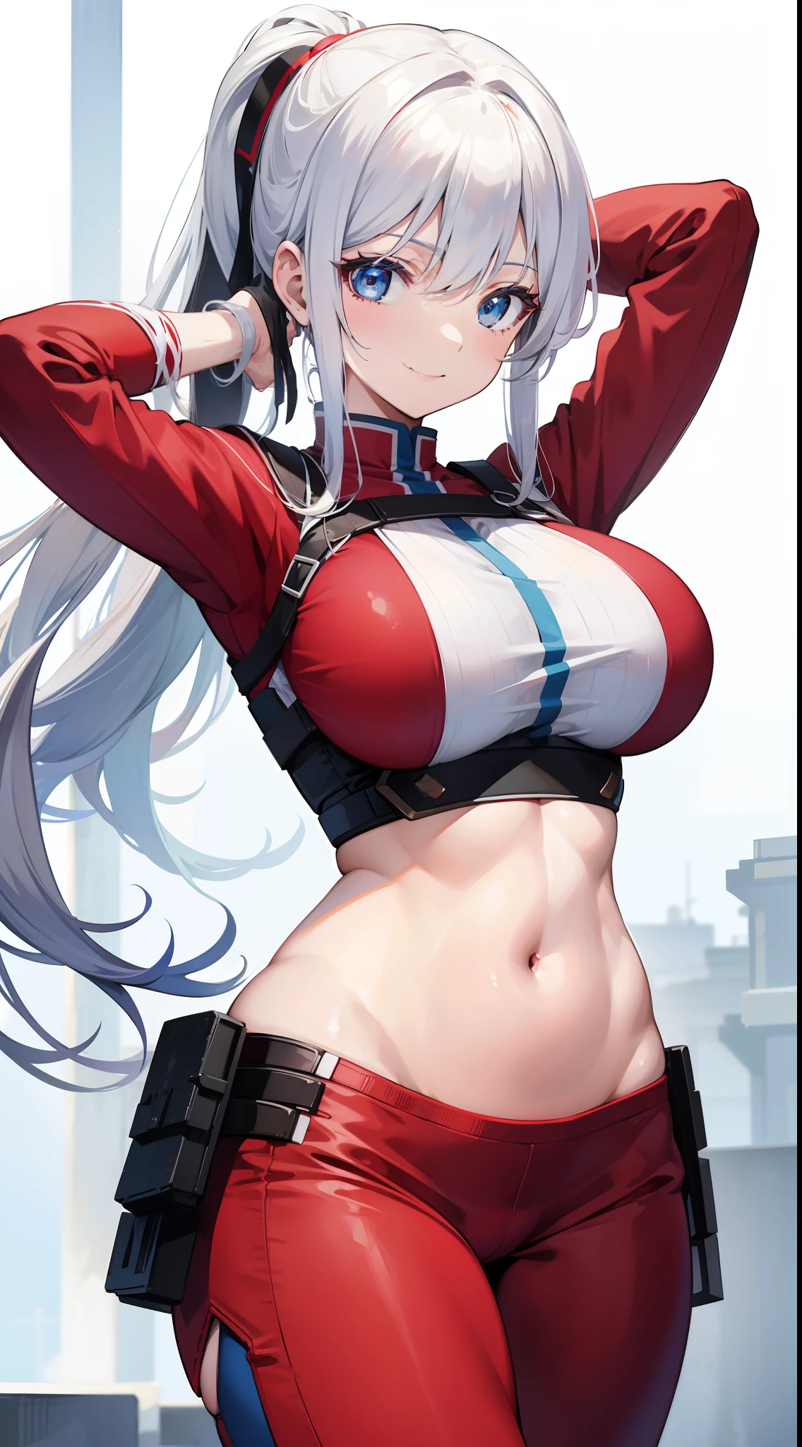 Adult woman, Long white hair, blue eyes, Smile, Red tight top, Huge-breasts, open belly, Combat pants, hands behind head, hiquality, 4k, HD, Good detail