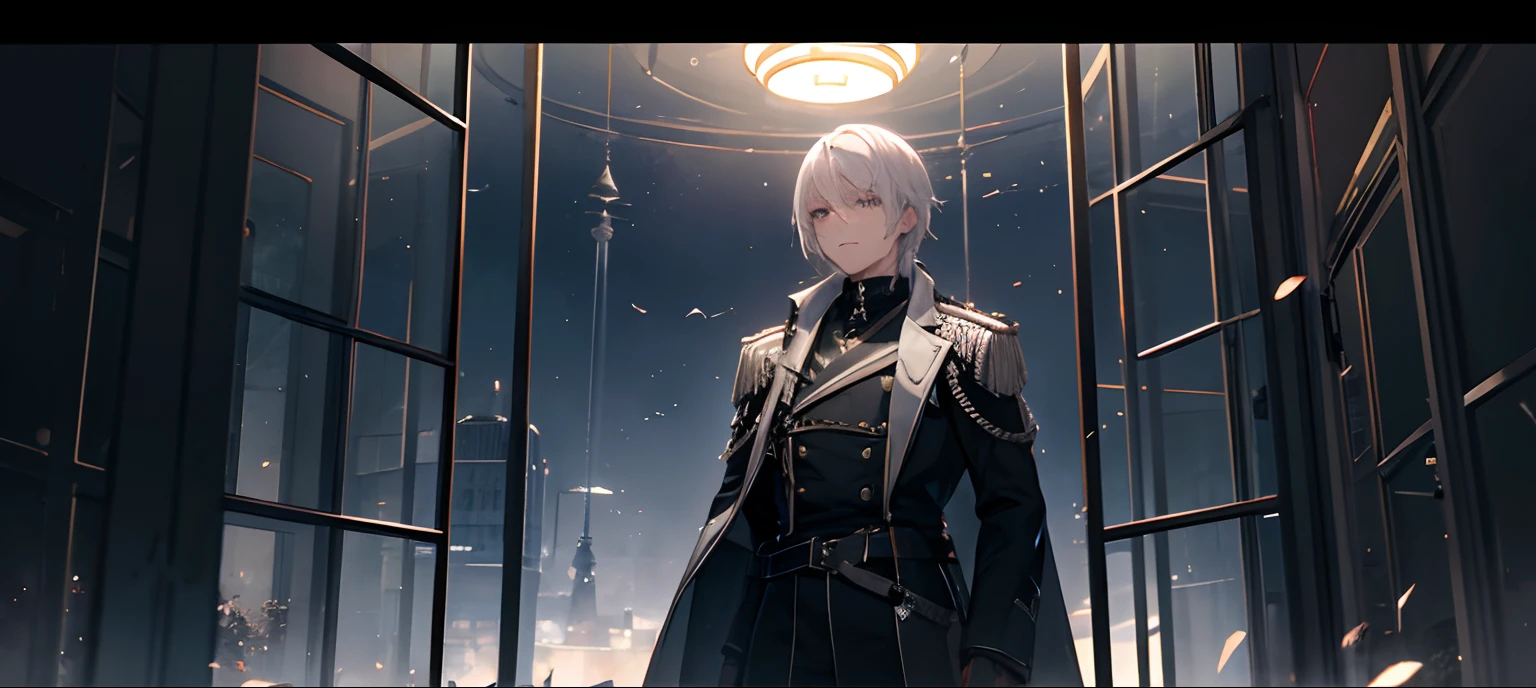 Young male trapped in a cage, under the moonlight, with silver hair, grey military uniform, cinematic pose