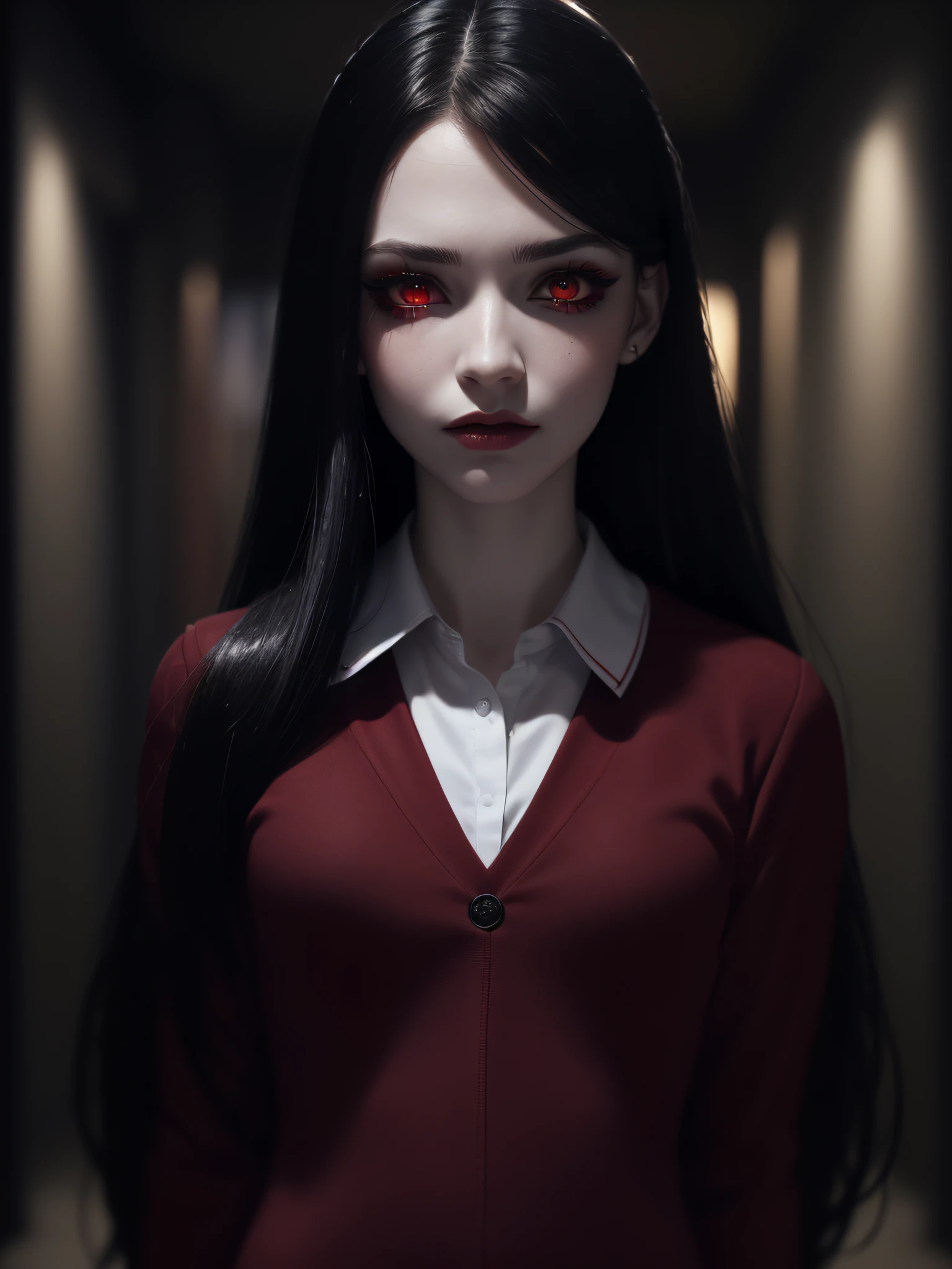 ((8k, Best quality, high resolution:1.35, Photo brute:1.2, photorealistic:1.37, chef-d&#39;artwork: 1.25)), Transpiration:0.2, Dramatic lighting, cartographie des photons, Radiosity, symmetry, complexity, elegance, anatomiquement correct, ((1 fille)), ((longs cheveux noirs, yeux rouges sanglants: 1.2)), (long cils), pale skin, eye shadow, messed up makeup, traits du visage clairs, attractive, attractif, ((uniforme scolaire:1.35)), couloir d&#39;bloody school, Dimly lit, visage qui pleure,