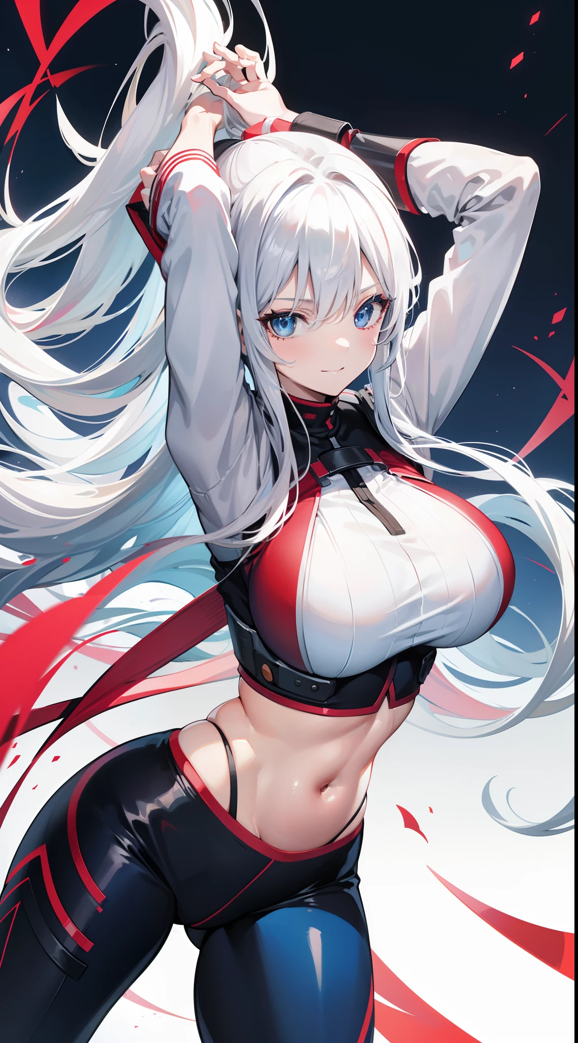 Adult woman, Long white hair, blue eyes, Smile, Red tight top, Huge-breasts, open belly, Combat pants, hands behind head, hiquality, 4k, HD, Good detail