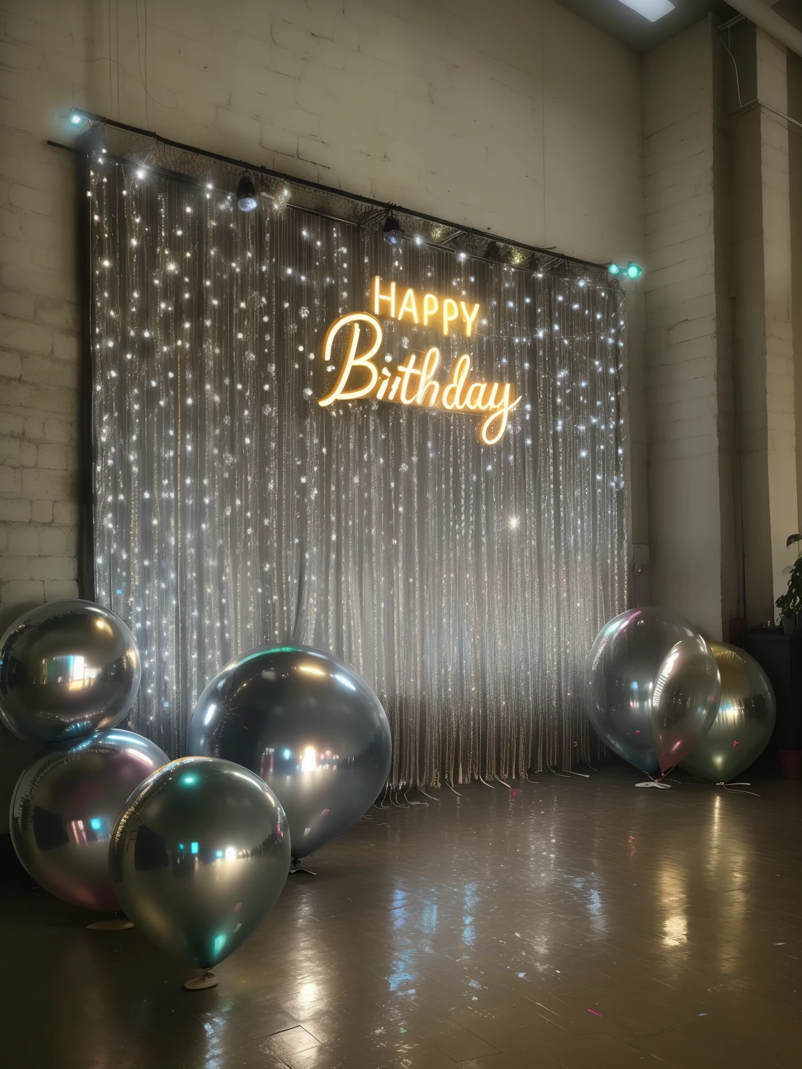 There is a large balloon display and a happy birthday sign, happy birthday, neon lights in background, foto de retrato de um pano de fundo, geometric backdrop; LED, luzes de festa, festa industrial, pano de fundo da cachoeira, neon signs in background, atmosfera brilhante e feliz, Detalhes cromados bokeh, brilhante e espumante, birthday party, coberto em ouro brilhante e prata, Fundo de primeiro plano