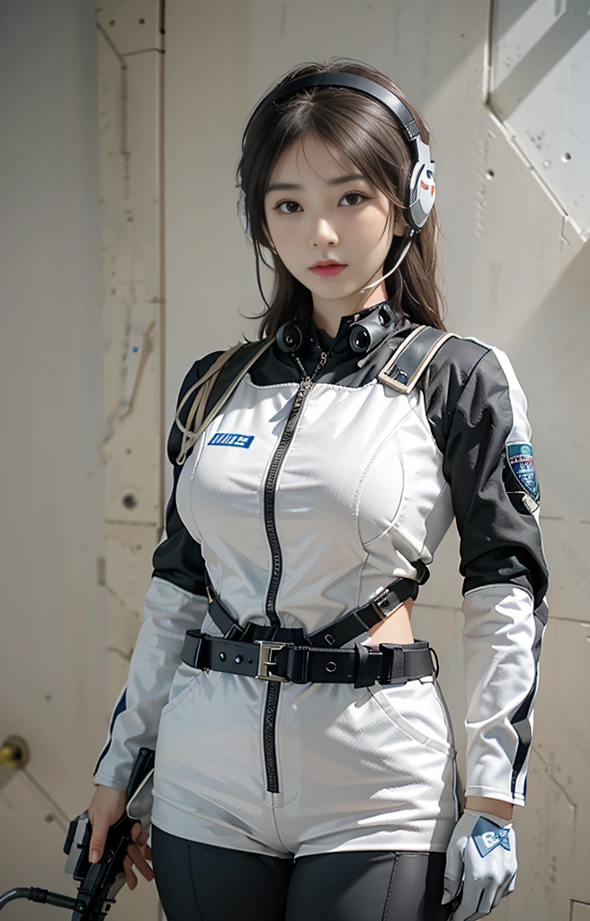 (best quality,Super detailed),(Practical,photoPractical:1.37), Ultra-high resolution, (realism: 1.4), ((close up:0.75)), Best Illustration, Offer Details, Highly concentrated 1lady, Have a beautiful and delicate face, Perfect proportion, (upright, Small Breasts, Chubby:0.2), (Putting on a racing suit is like, Black and gray mech, Wearing high-tech headphones, Military wiring harness, Grenade, With a machine gun), team leader, Simple gray wall background,