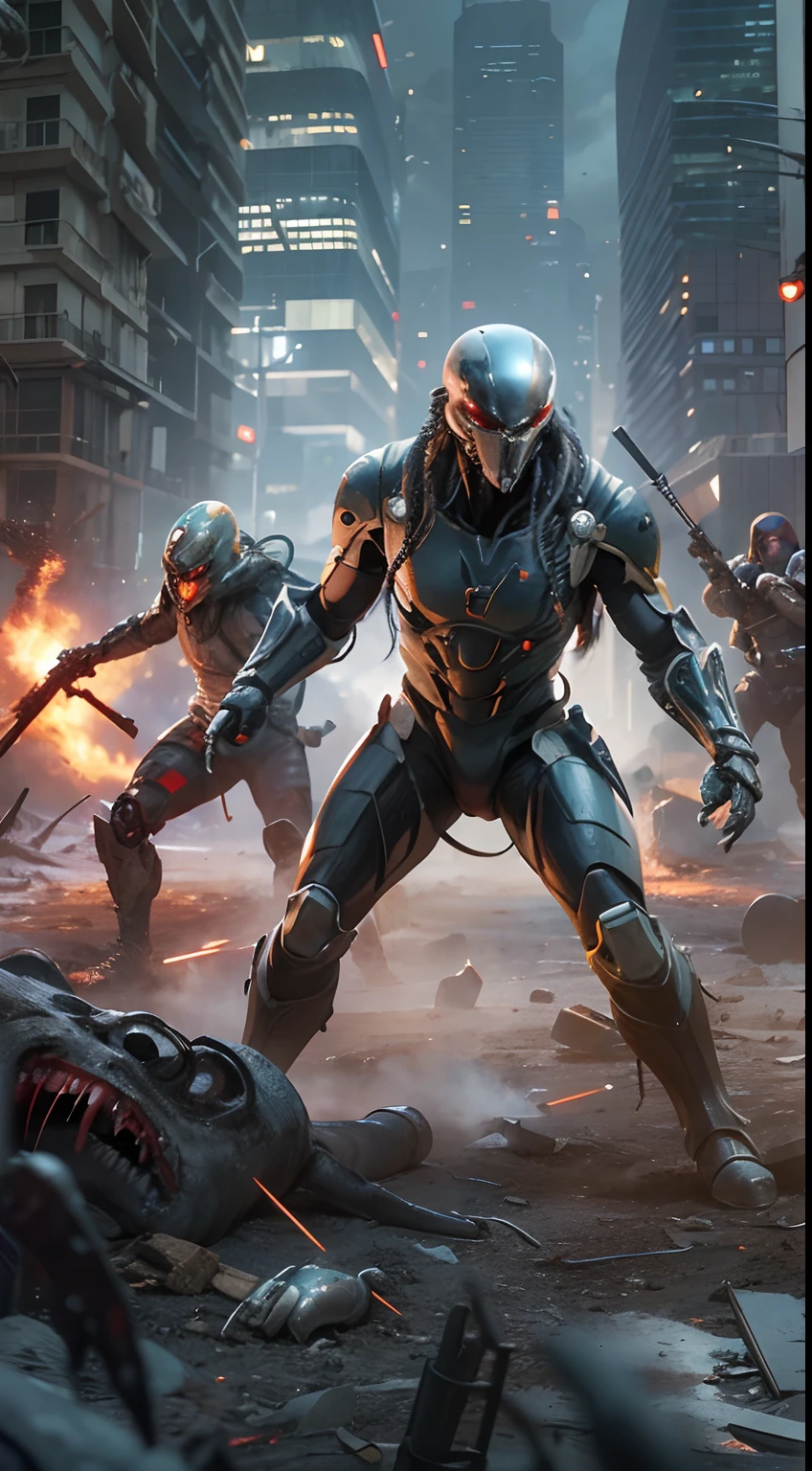 Movie scene of Predator fighting bloody alien monsters with laser knives. Predator with futuristic battle suit, epic and dramatic battle in the ruined city, 8 people in the distance are fighting together, all wearing futuristic combat suits, futuristic design, masterpiece work, best quality