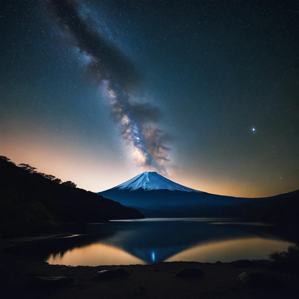 Master Parts、Superior Quality、superior image quality、The 8k quality、、Beautiful pictures of the starry sky、magnifica、Arched Milky Way:1.9、Mt fuji、Blue surface of the lake