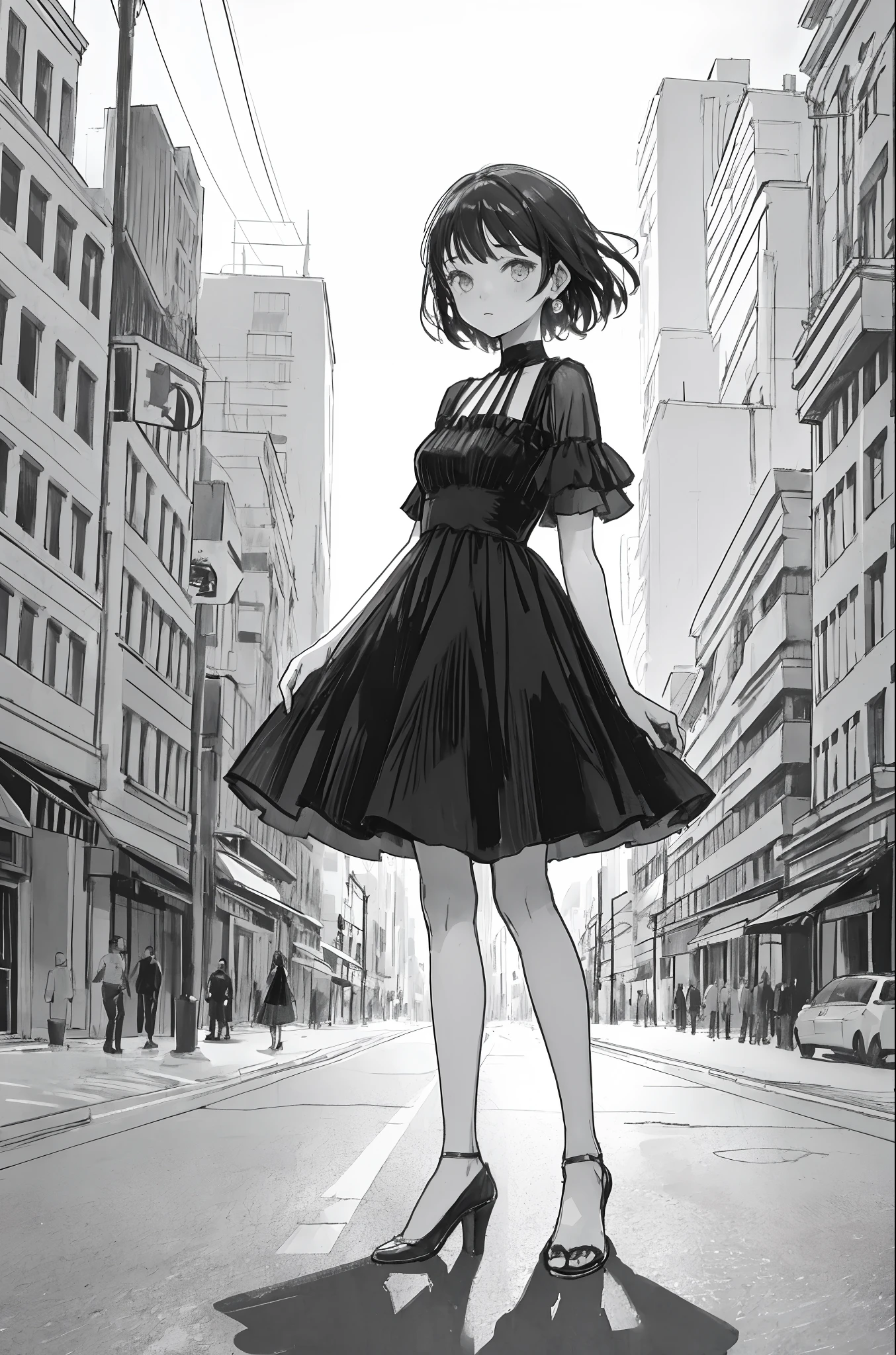 1girl, A girl in a short evening dress is standing in the middle of the street, no colors