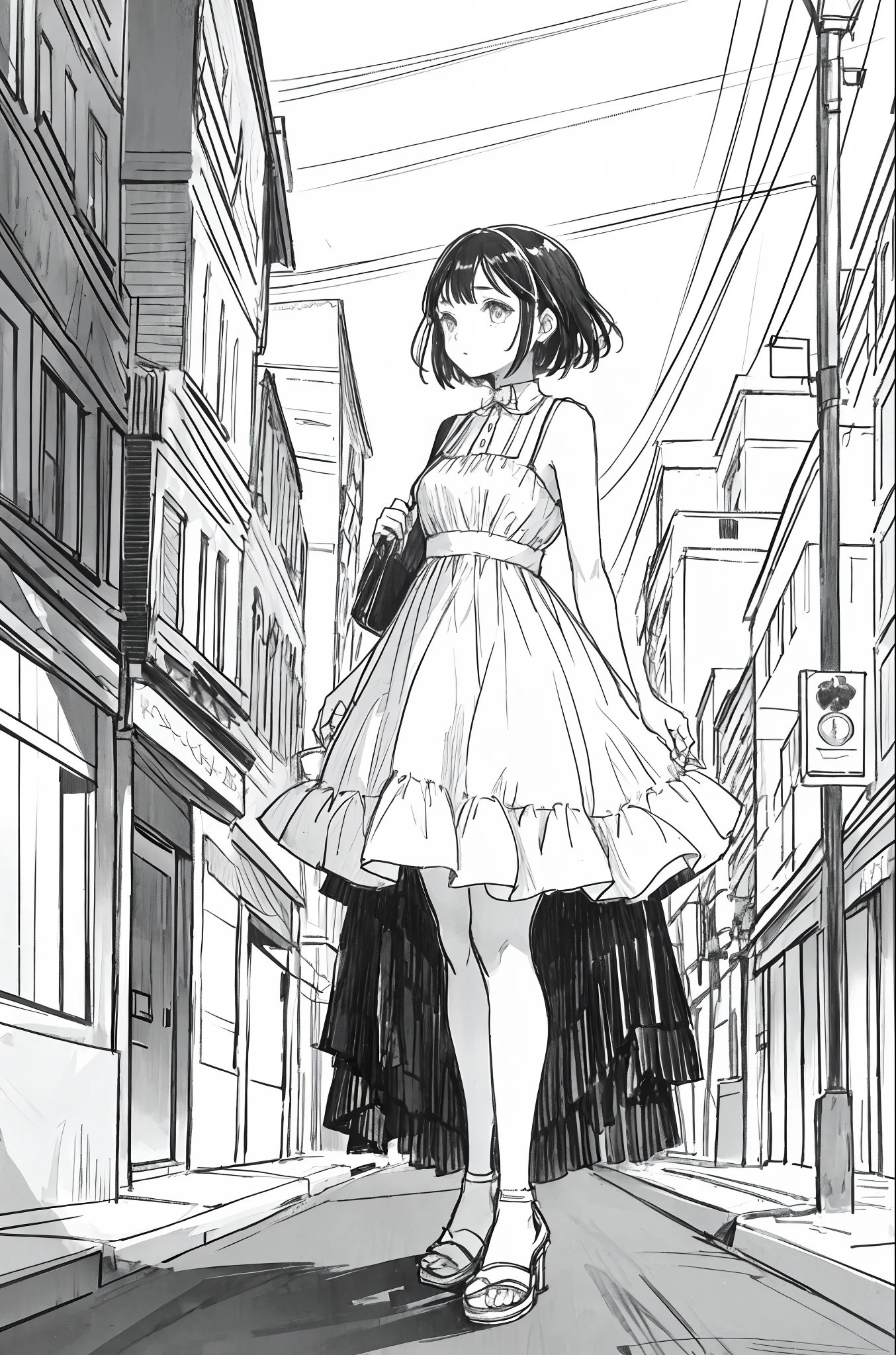1girl, A girl in a short evening dress is standing in the middle of the street, no colors