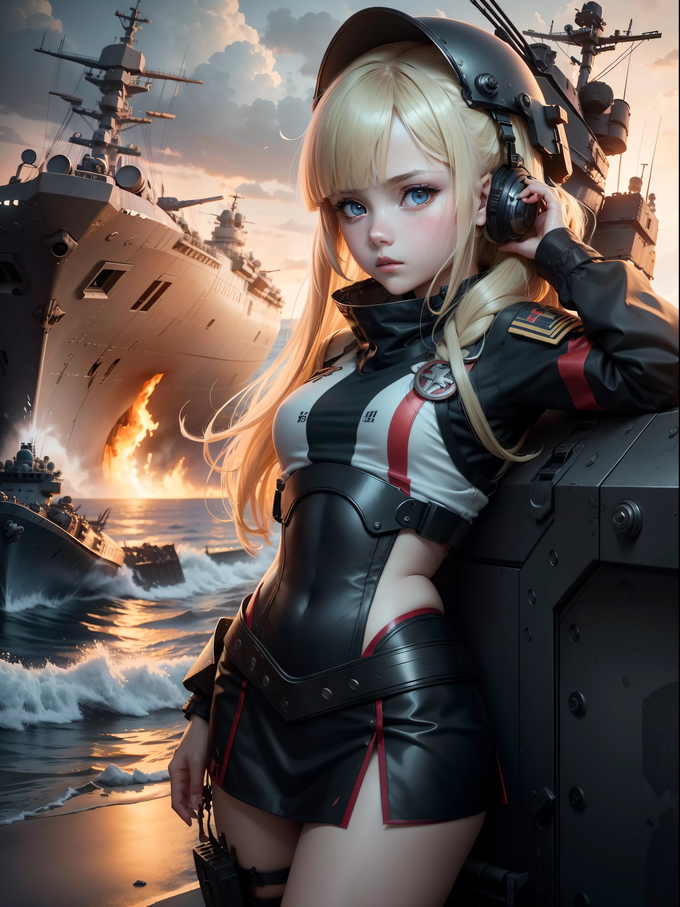 Destroyed aircraft carrier,ukrainian girl , Ukrainian anime girls , , Ukraine ,  Full body composition of young girl with messy bright blonde hair, eye make up, 13 year old,  Soft lighting, Solo,, badges, Pose, Blotch color, Octane Render, Hyperrealistic intricate detail, Cinematic, 8K resolution, 70mm, Accent Lighting, Global Illumination, Full body portrait, clean detailed faces, poneyTail,Cute face,, Slim legs,combat suit,long court,Battleship deck,