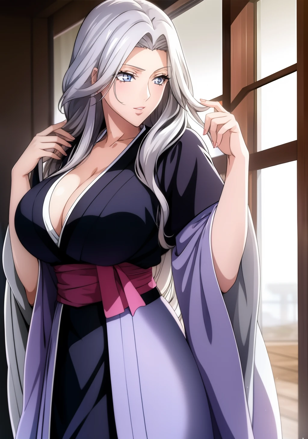 1girl, silver hair, blue eyes, kimono, cleavage, long hair, intrincate details, detailed, masterpiece, best quality, 4K, HDR,