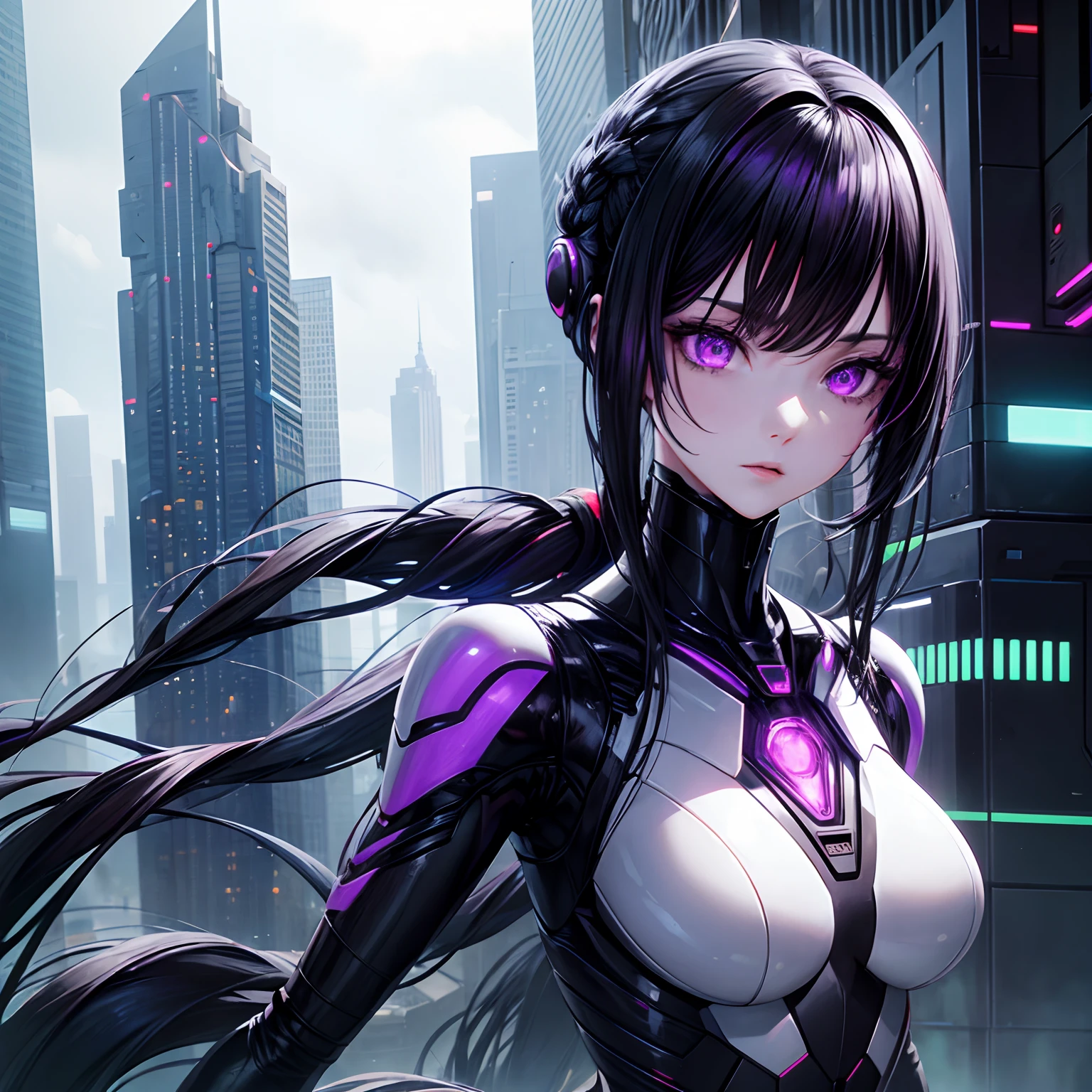 Science Fiction, Alien Being, Female, Black Hair Horsetail, Purple Eyes, Pale Skin, Cyberonic Suit,, In a Futuristic City, Ultra Accurate, Detailed Face, Detailed Body
